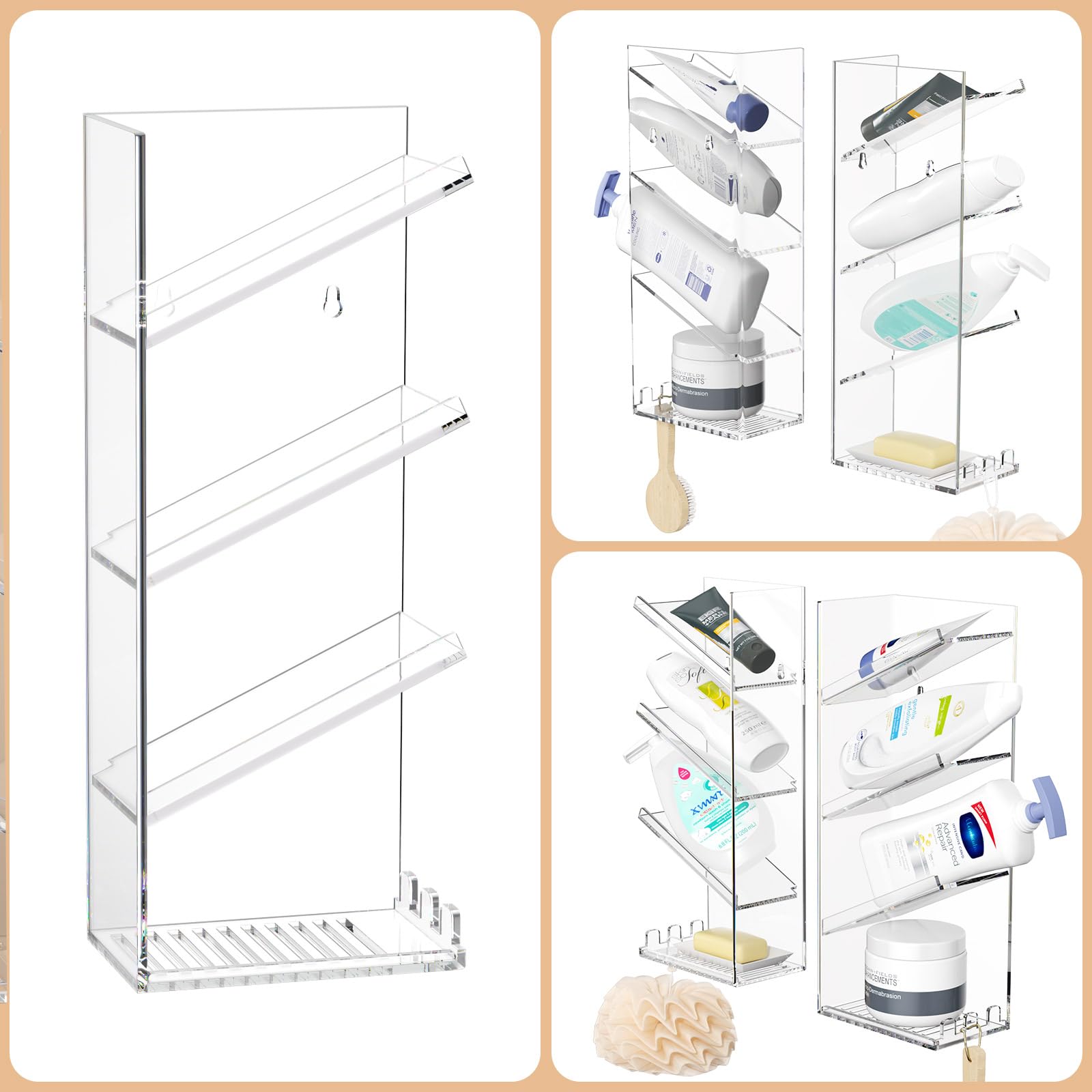AITEE Clear Acrylic Shower Caddy Organizer - Wall Mounted Bathroom Storage Shelf with Suction Cups for Shampoo, Conditioner & Soap - No Drilling, Rustproof & Durable - Perfect for Small Bathrooms, Apartments & Dorm Showers