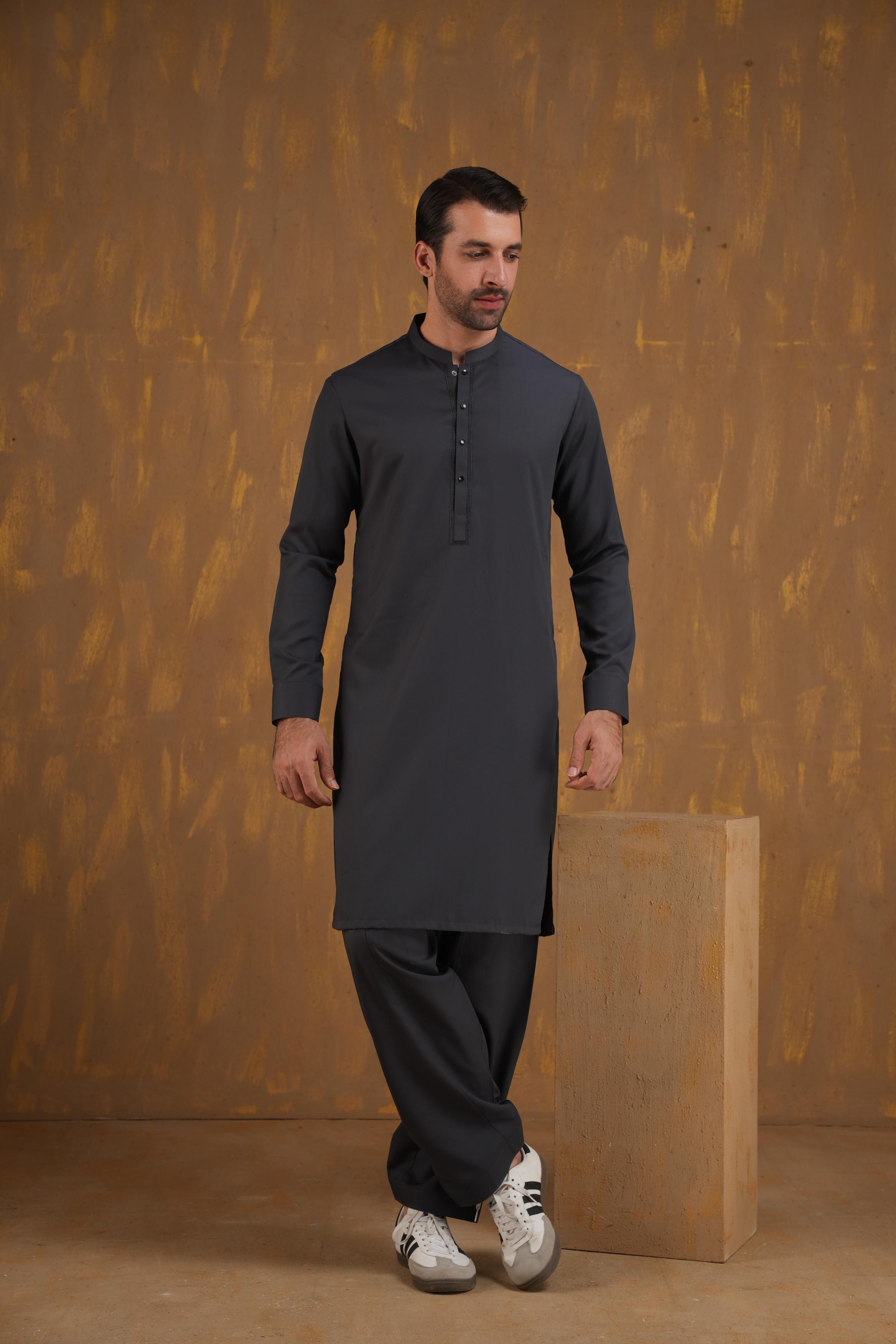 Elegant Blended Grey Shalwar Kameez by J. Junaid Jamshed - Traditional Pakistani Outfit for Men, Perfect for Weddings, Eid & Special Occasions
