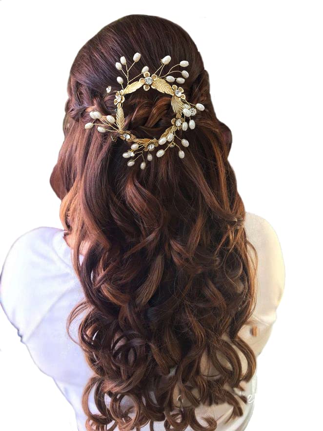 Elegant Gold & White Floral Hair Claw Clip with Metal Leaves, Stones & Pearls - Bridal Hair Accessories for Women & Girls (2437) - Perfect for Weddings, Parties & Everyday Styling