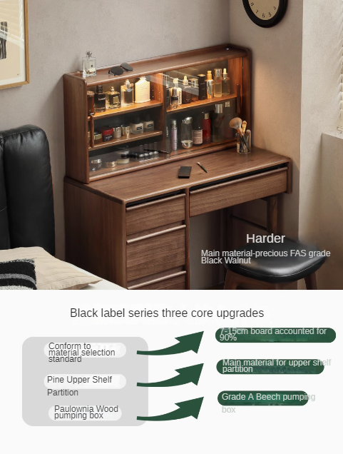 Luxury Black Walnut Solid Wood Vanity Dressing Table with Mirror - Perfect for Bedroom, Makeup & Beauty Organization