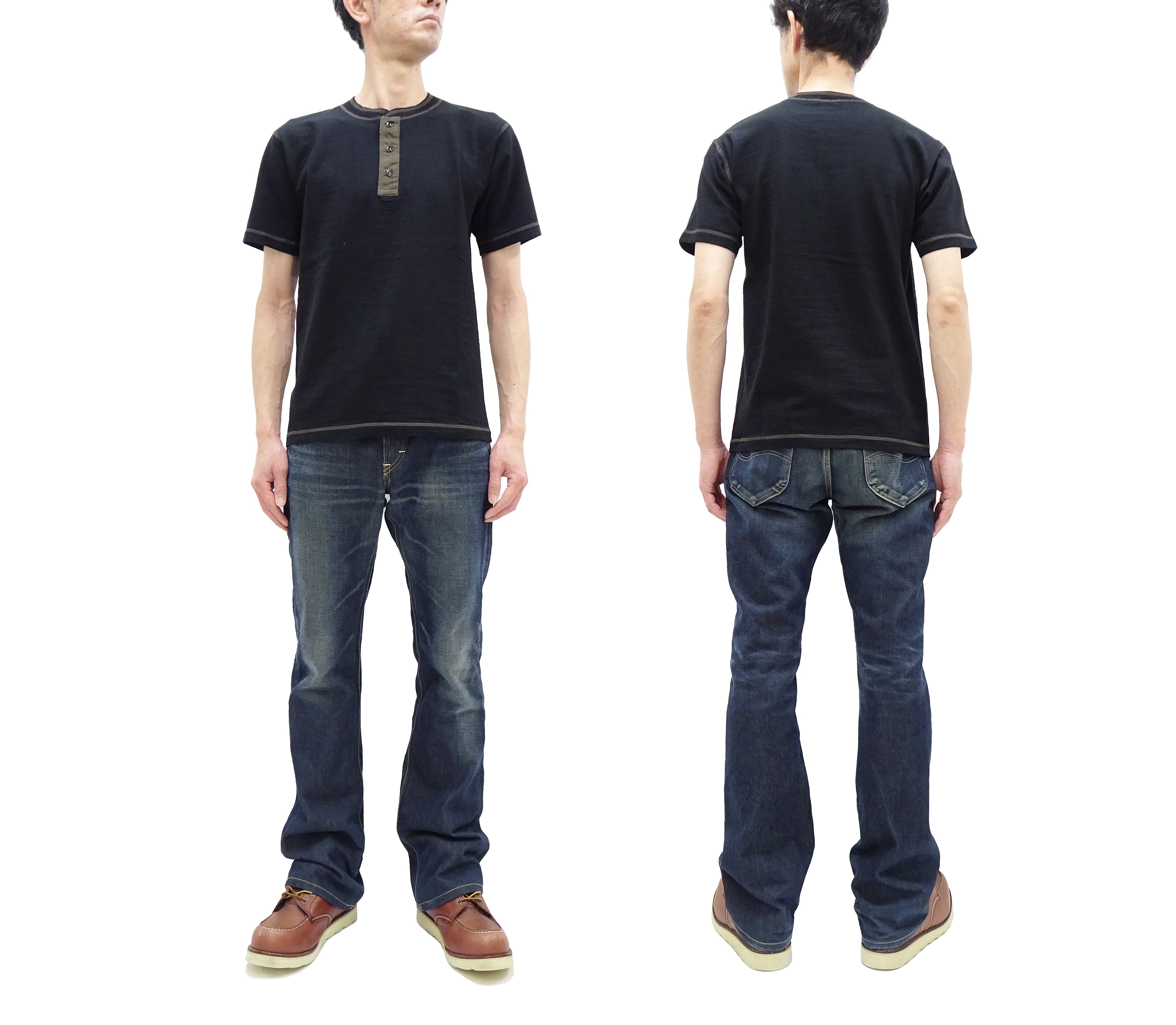 Buzz Rickson Men's Henley Short Sleeve T-Shirt - Loopwheeled Slub Yarn Tee - Premium Cotton Crew Neck Shirt (BR79192-119, Black) - Casual Wear & Everyday Outfits