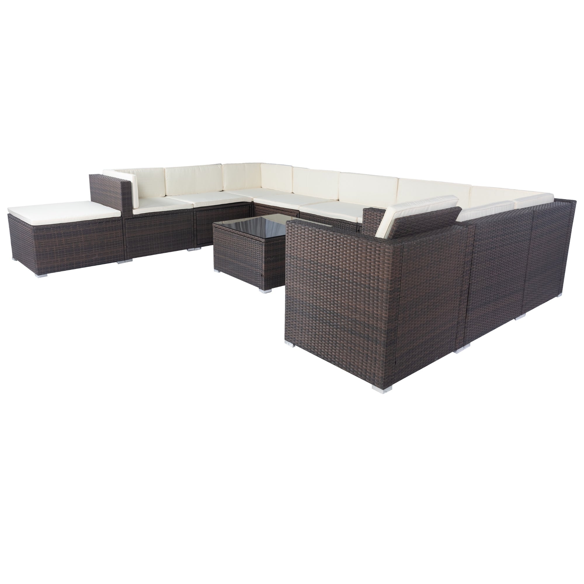 11-Piece Brown Wicker Patio Conversation Set with White Cushions - 10-Seater Outdoor Sectional Sofa with 3 Under-Seat Storage Boxes - Perfect for Backyard, Garden, Poolside & Patio Relaxation