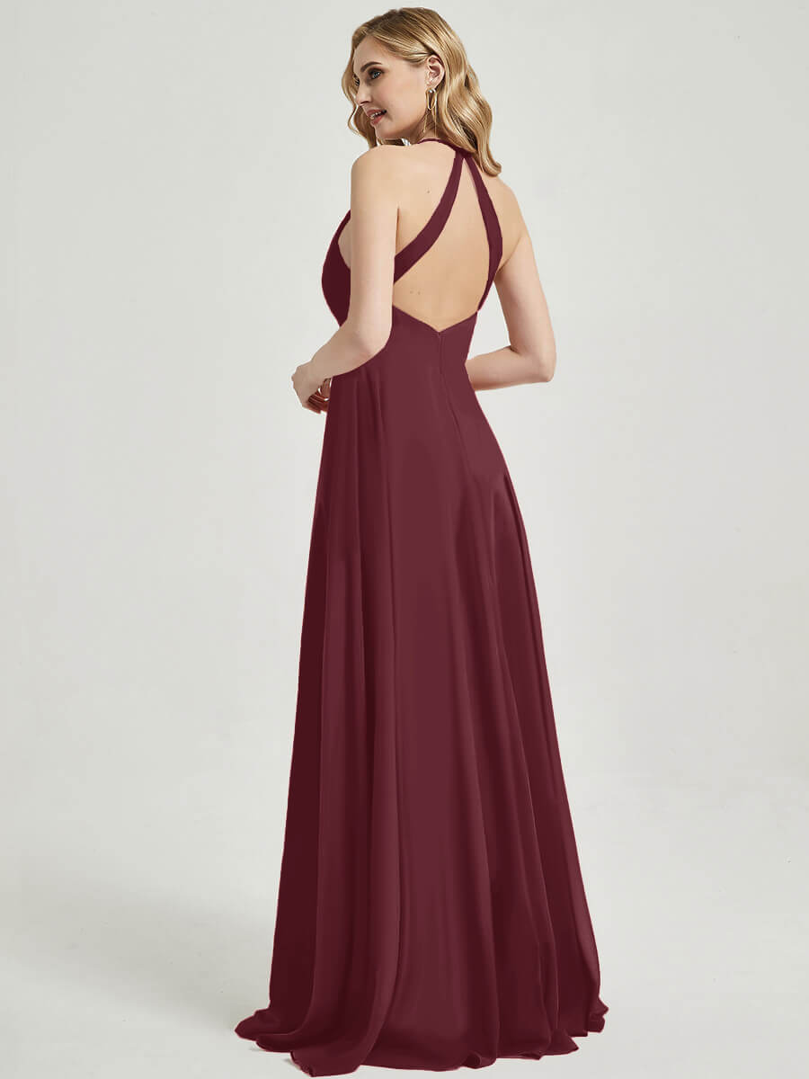 Elegant Burgundy Pleated Halter V-Neck Backless Maxi Chiffon Bridesmaid Dress for Wedding Party & Formal Events