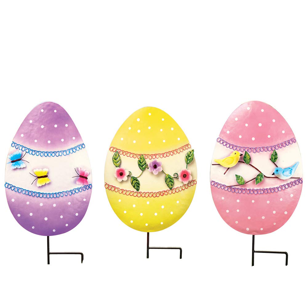 Floral Easter Egg Garden Stakes - Set of 3 Colorful Spring Decorations for Yard, Lawn & Outdoor Easter Decor