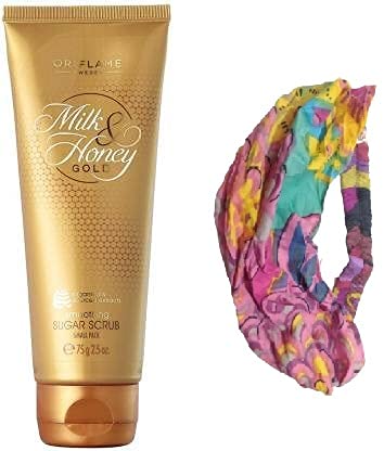 Milk & Honey Gold Smoothing Sugar Scrub 75g & Colorful Headband for Women & Girls - Exfoliating Body Scrub & Hair Accessory Combo for Spa Day & Gift Set