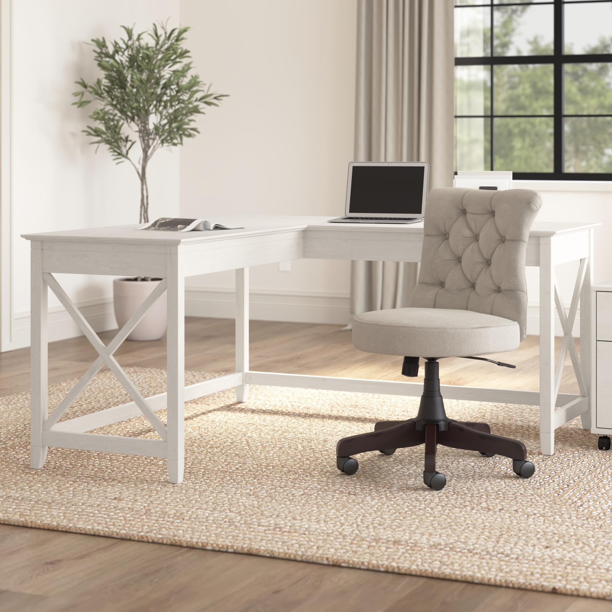 Bush Furniture Key West 60W Modern Farmhouse L Shaped Desk in Linen White Oak | 60-Inch Corner Computer Desk for Home Office, Gaming & Study | Space-Saving Workstation for Small Rooms & Apartments