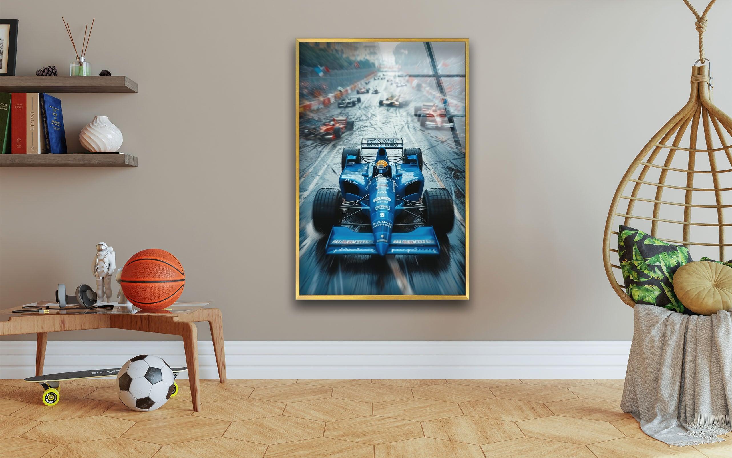 Blue Formula 1 Racing Car Glass Wall Art - Premium Decorative Home & Office Decor for Motorsport Fans