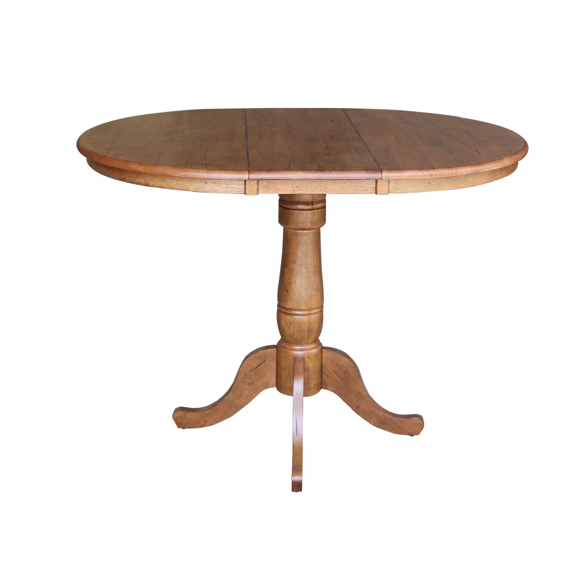 IC International Concepts 36-Inch Round Pedestal Dining Table with 12-Inch Leaf, Adjustable Height 35.3 Inches - Distressed Oak Finish - Perfect for Small Spaces, Kitchens, Apartments & Dining Rooms - Space-Saving Expandable Table for Family Meals & Entertaining