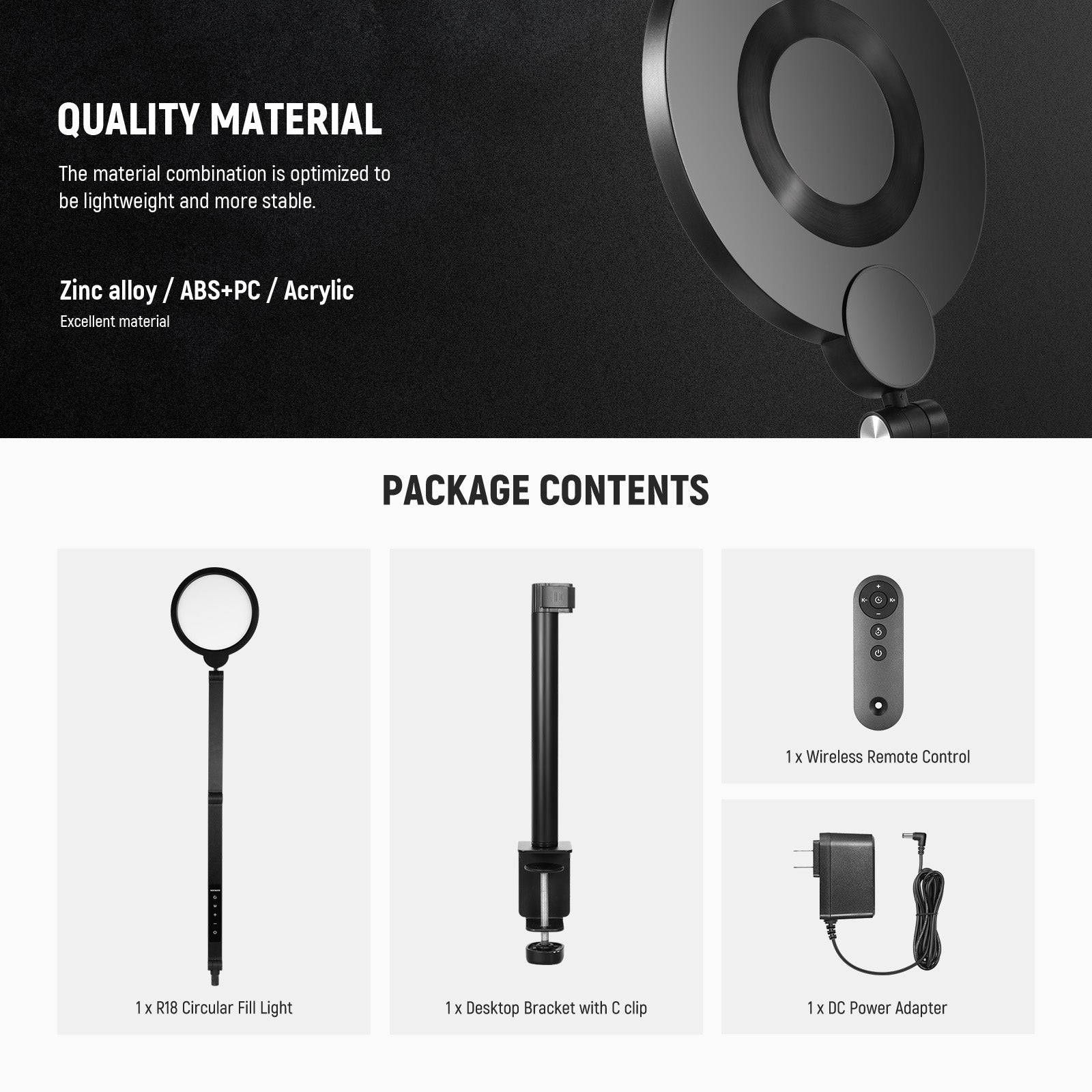 NEEWER BASICS R18 18W 7 Round Fill Light with Desktop Stand - Professional Photography Lighting for YouTube Videos, Live Streaming & Portrait Studio Shoots