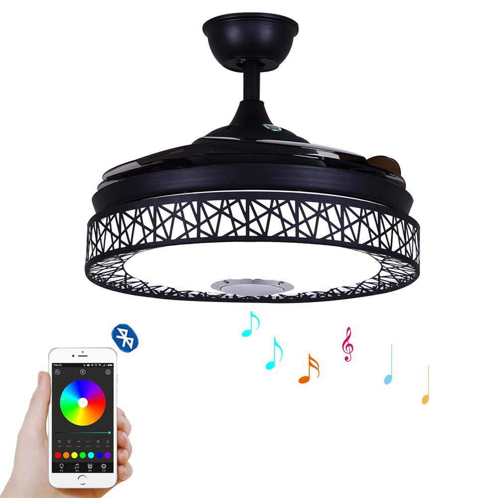 42 Inch Modern Retractable Ceiling Fan with LED Lights - 7 Color Dimmable Bluetooth Chandelier Fan, 3 Speed Remote Control - Perfect for Dining Room & Living Room Lighting & Air Circulation