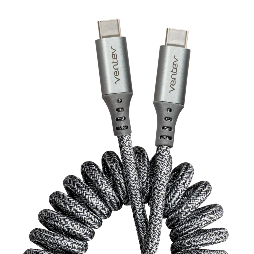 Ventev ChargeSync Helix Coiled USB-C to USB-C Cable 3ft - Fast Charging & Durable for Phones, Tablets & Laptops - Perfect for Home, Office & Travel