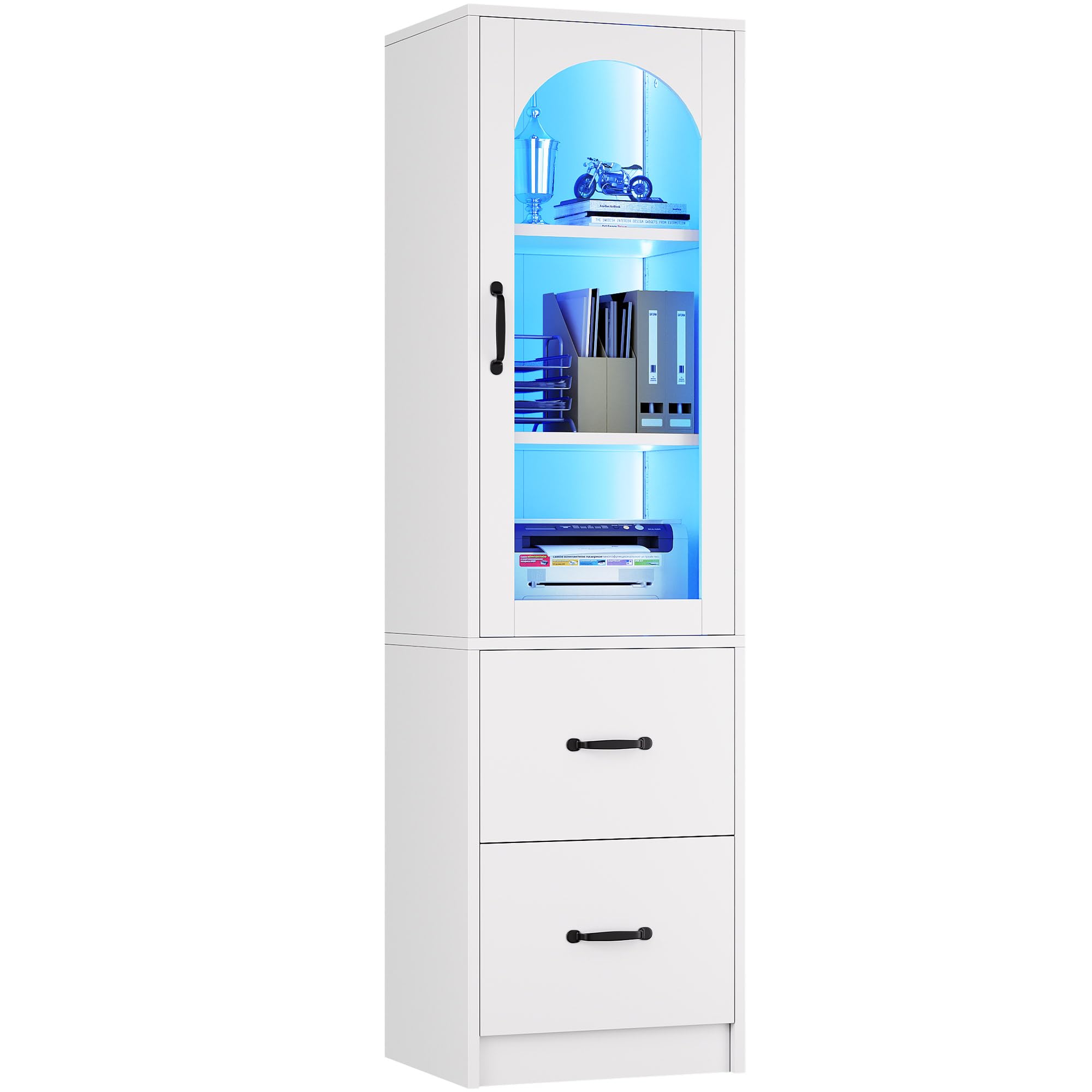 YITAHOME 2-Drawer File Cabinet with Bookshelf & Glass Doors - LED Light, Printer Stand & Storage Shelf - Wood Home Office Cabinet Fits Letter, Legal & A4 Size (White) - Perfect for Organizing Documents & Office Supplies in Small Spaces