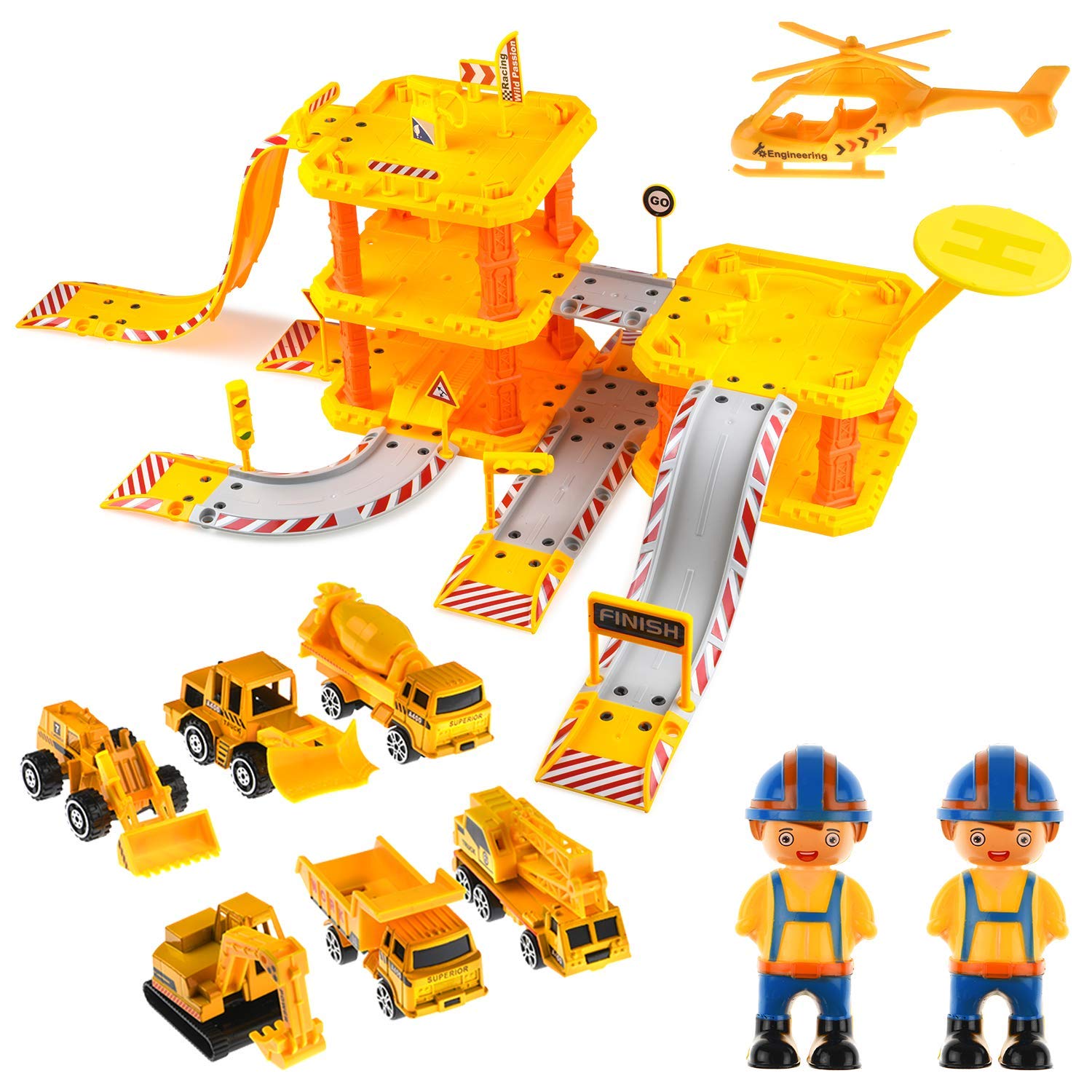 Toysical Construction Playset - Complete Parking Garage Toy with Vehicles, Helicopter, Mini Figures & Road Tracks - STEM Learning Building Toys for Kids Ages 4-6 - Perfect for Pretend Play, Birthday Gifts & Indoor Activities