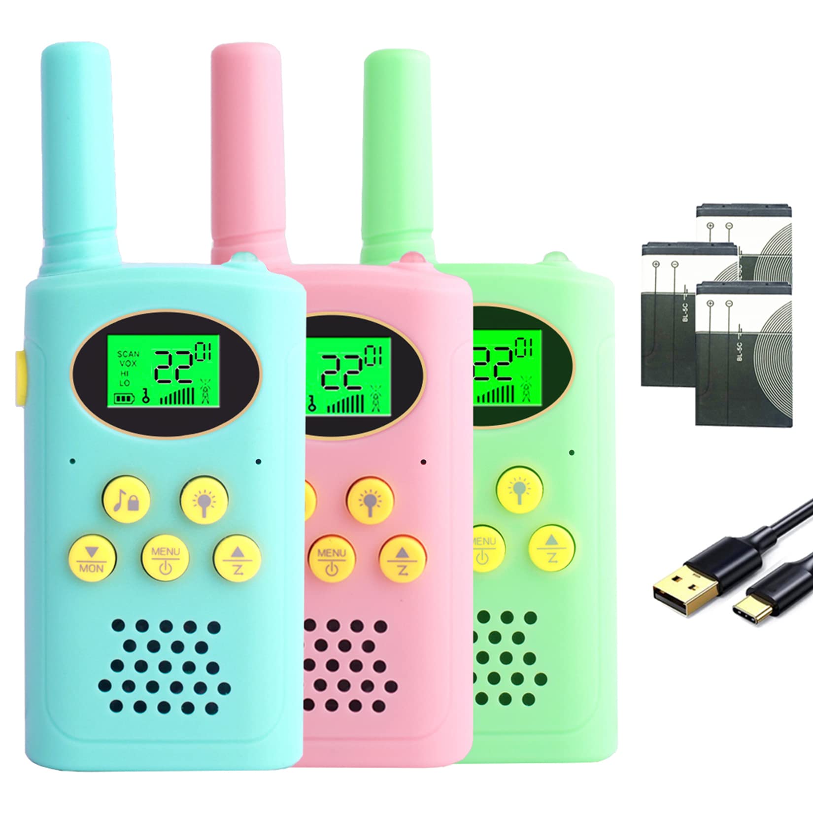 Kids Walkie Talkies Rechargeable - 3 Pack Long Range 22 Channel 2 Way Radios for Boys & Girls Ages 3-12 - Outdoor Toys for Camping, Hiking, Birthday, Christmas & Easter Gifts (Blue, Pink, Green) - Perfect for Family Adventures, Backyard Play & Emergency Communication