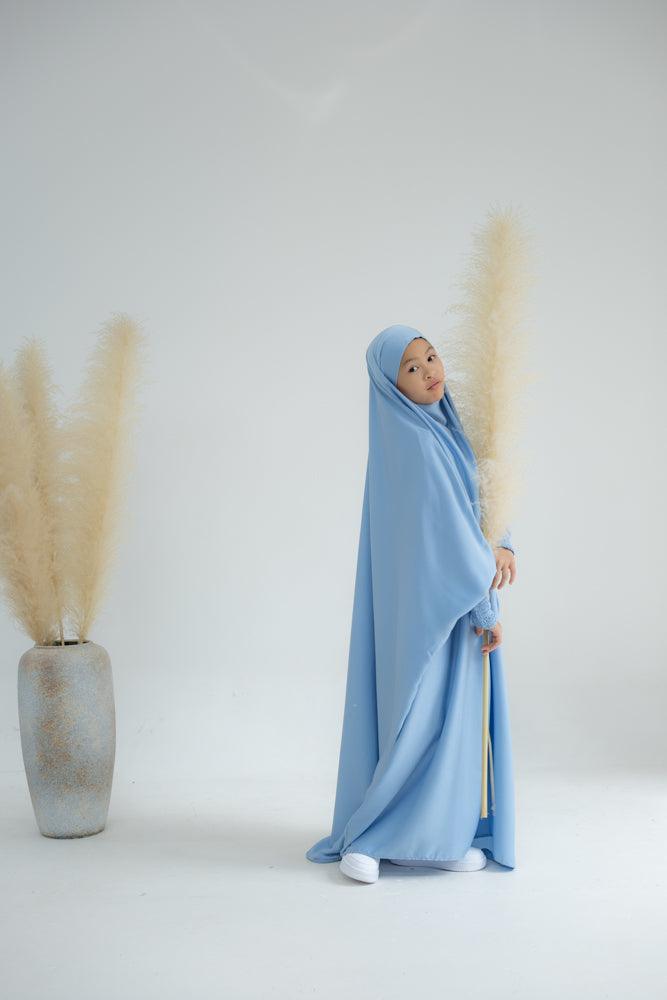 Little Gretaah Khimar Style Prayer Gown for Kids - Sky Blue with Ribbed Sleeve Cuffs | Perfect for Islamic Prayer, Eid Celebrations & Modest Dress