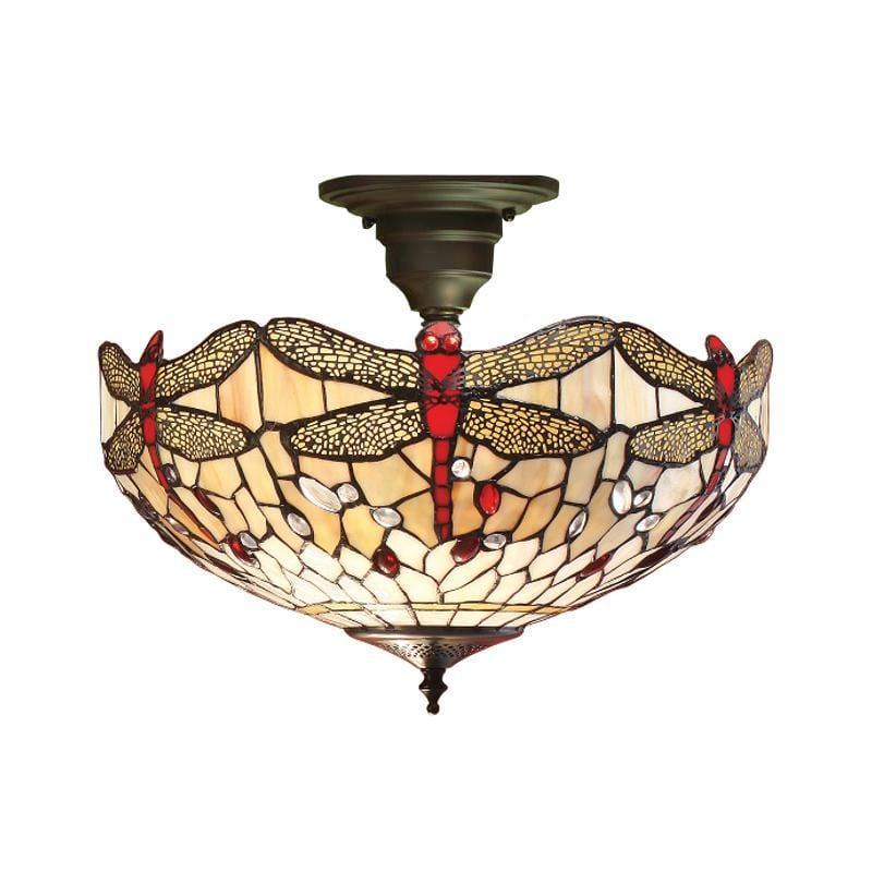 Vintage Tiffany Style Beige Dragonfly Semi-Flush Ceiling Light Fixture - Perfect for Bedroom, Living Room & Dining Room Decor