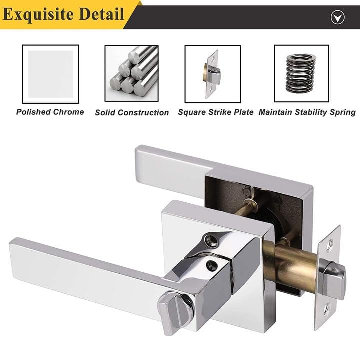 Probrico 4-Pack Square Keyless Privacy Door Levers - Heavy Duty Interior Bedroom & Bathroom Door Handles with Universal Handing - Polished Chrome Finish - Perfect for Home, Office, and Commercial Spaces