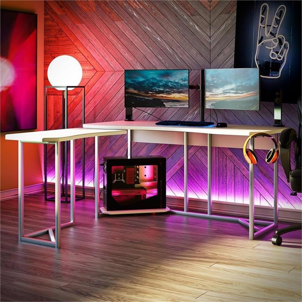 NTENSE Gaming L-Shaped Desk with CPU Stand - White Ergonomic Computer Workstation for Home Office & Gaming Setup