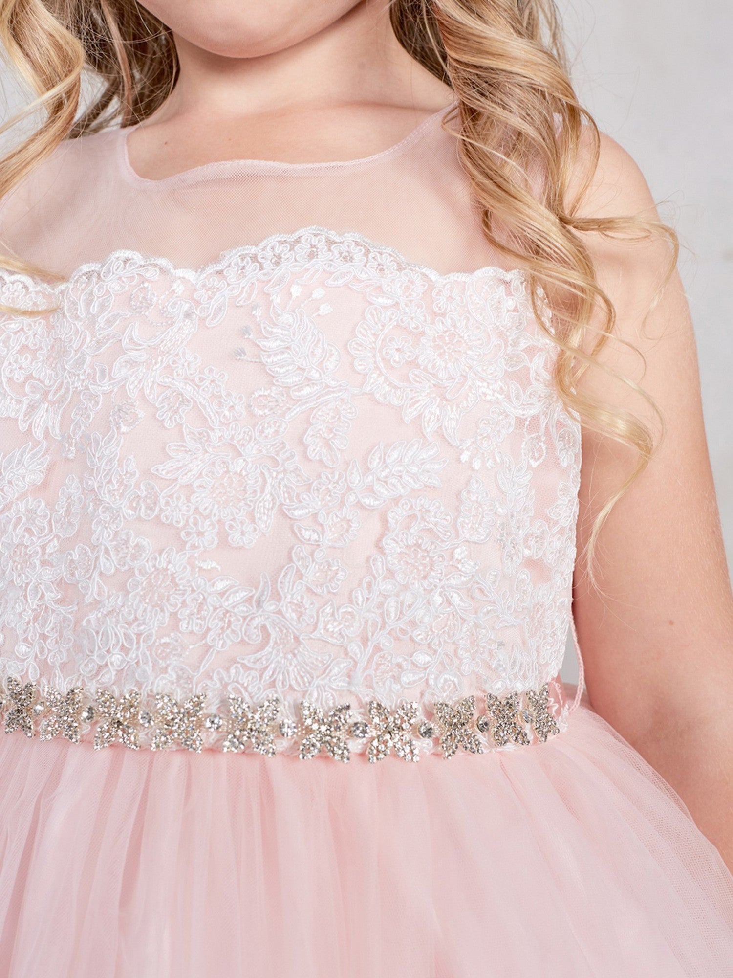 Big Girls Blush Illusion Neck Lace Tulle Overlay Junior Bridesmaid Dress Size 8-14 | Elegant Flower Girl & Wedding Party Attire