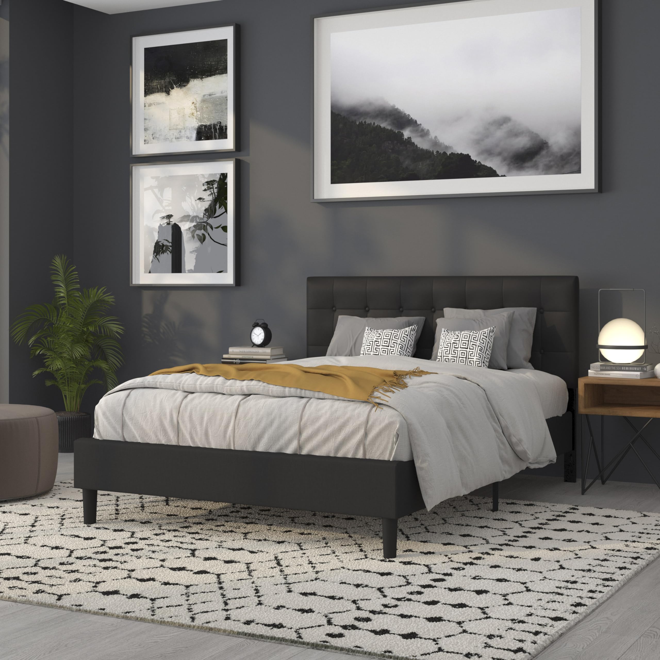 Flash Furniture Lennox Tufted Upholstered Queen Size Headboard - Adjustable Height Contemporary Vinyl Headboard in Black - Perfect for Modern Bedrooms & Guest Rooms