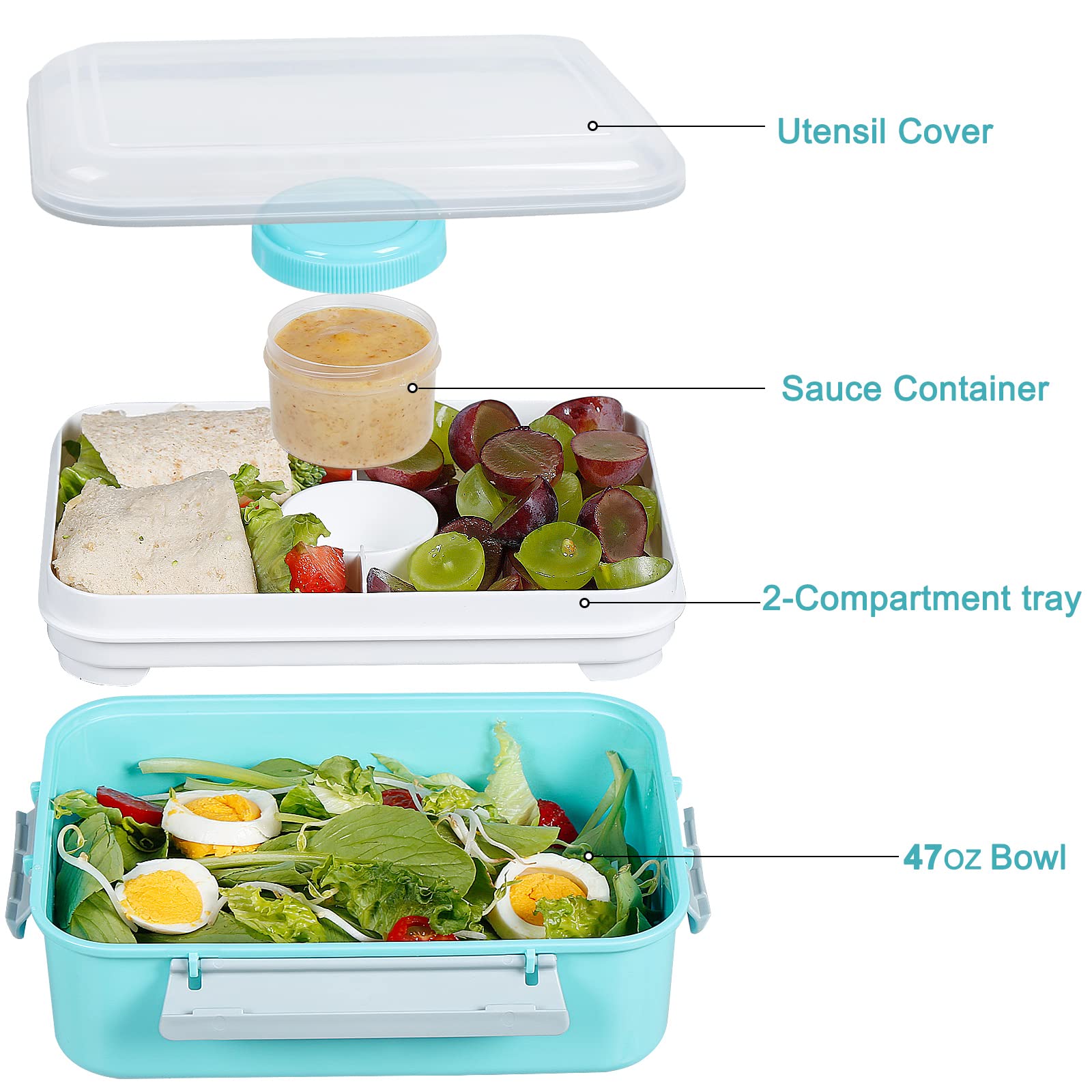 3 Pack 47oz Bento Box Salad Containers - Reusable Microwave Safe Food Storage Containers with Lids, Removable Tray & Dressing Pots for Meal Prep - Perfect for Kids Lunch Boxes, Office Meals & Picnic Food Storage