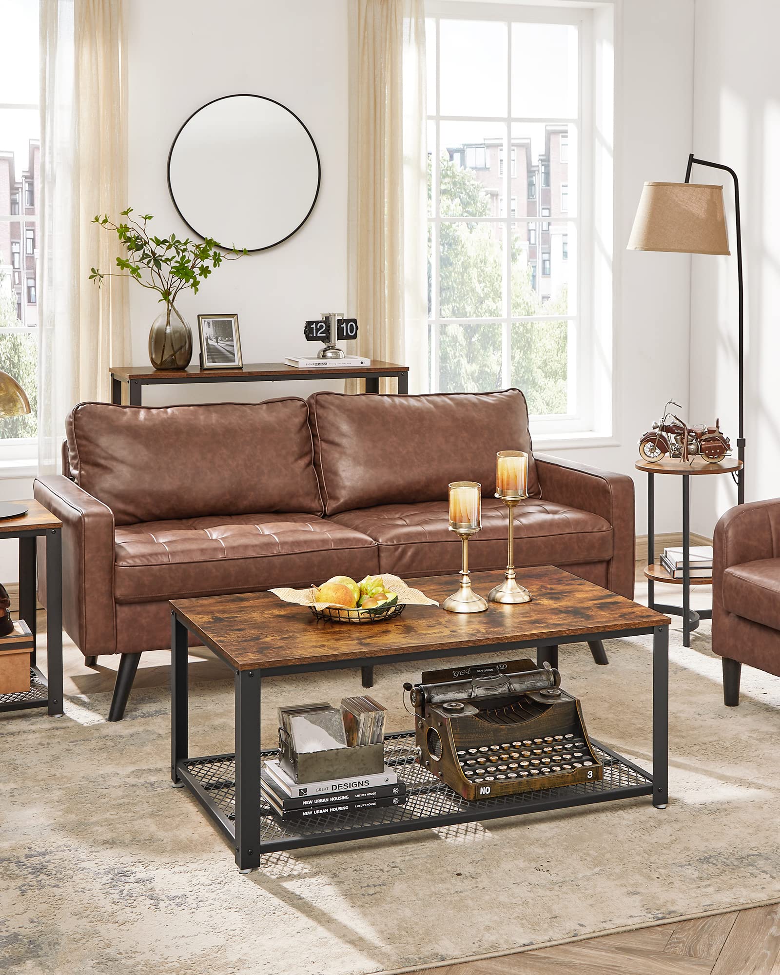 VASAGLE 2-Tier Industrial Coffee Table with Mesh Shelf, Steel Frame & Adjustable Feet - Rustic Brown and Black Cocktail Table for Living Room, Lounge, or Office Centerpiece