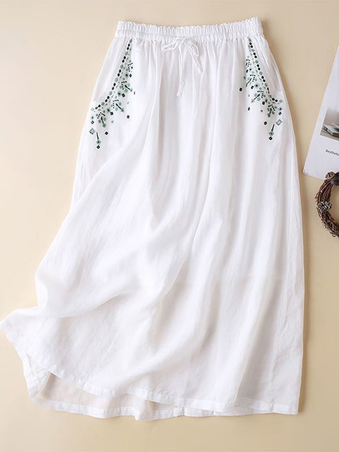 Lovevop Women's Cotton Linen Embroidered Midi Skirt - Bohemian Floral Loose Fit Casual Summer Skirt for Beach, Vacation & Everyday Wear