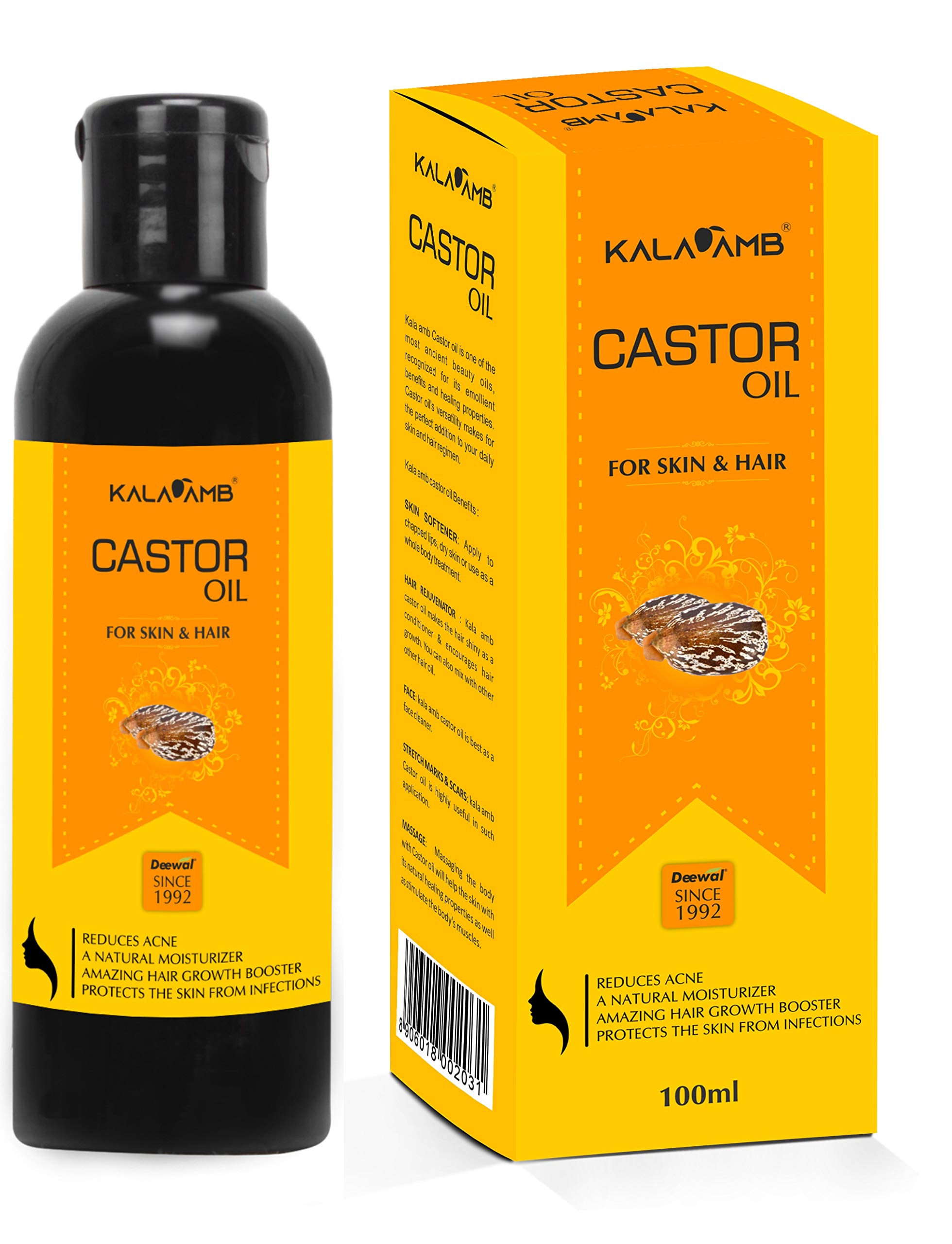 Pure Kala Amb Herbal Castor Oil for Skin & Hair Care - 100% Natural, 100ml - Promotes Hair Growth & Moisturizes Skin - Perfect for Night Treatments & DIY Beauty Recipes