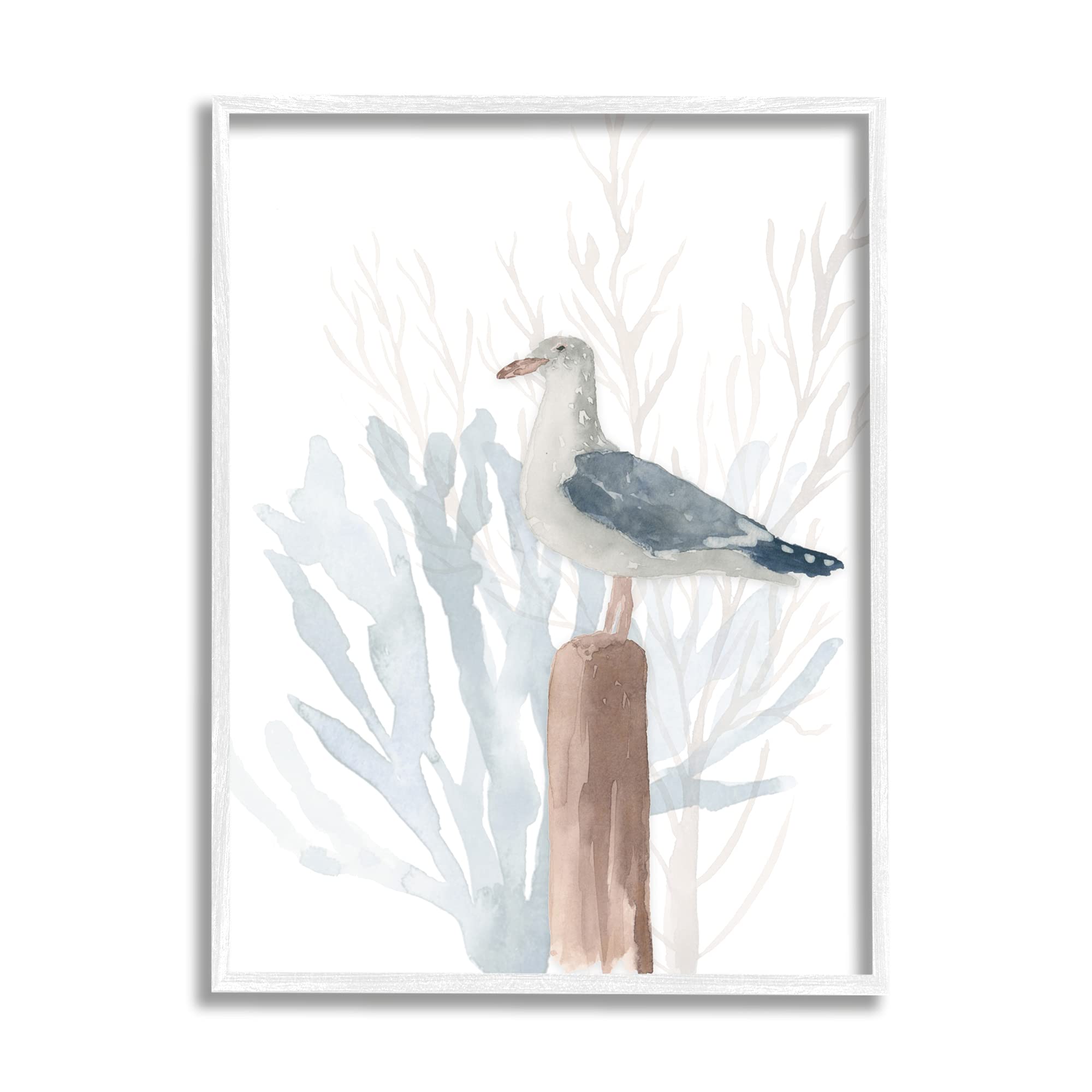 Stupell Industries Framed Nautical Seagull Wall Art - Blue Ocean Beach Decor with Coral Accents by Lucille Price, 16