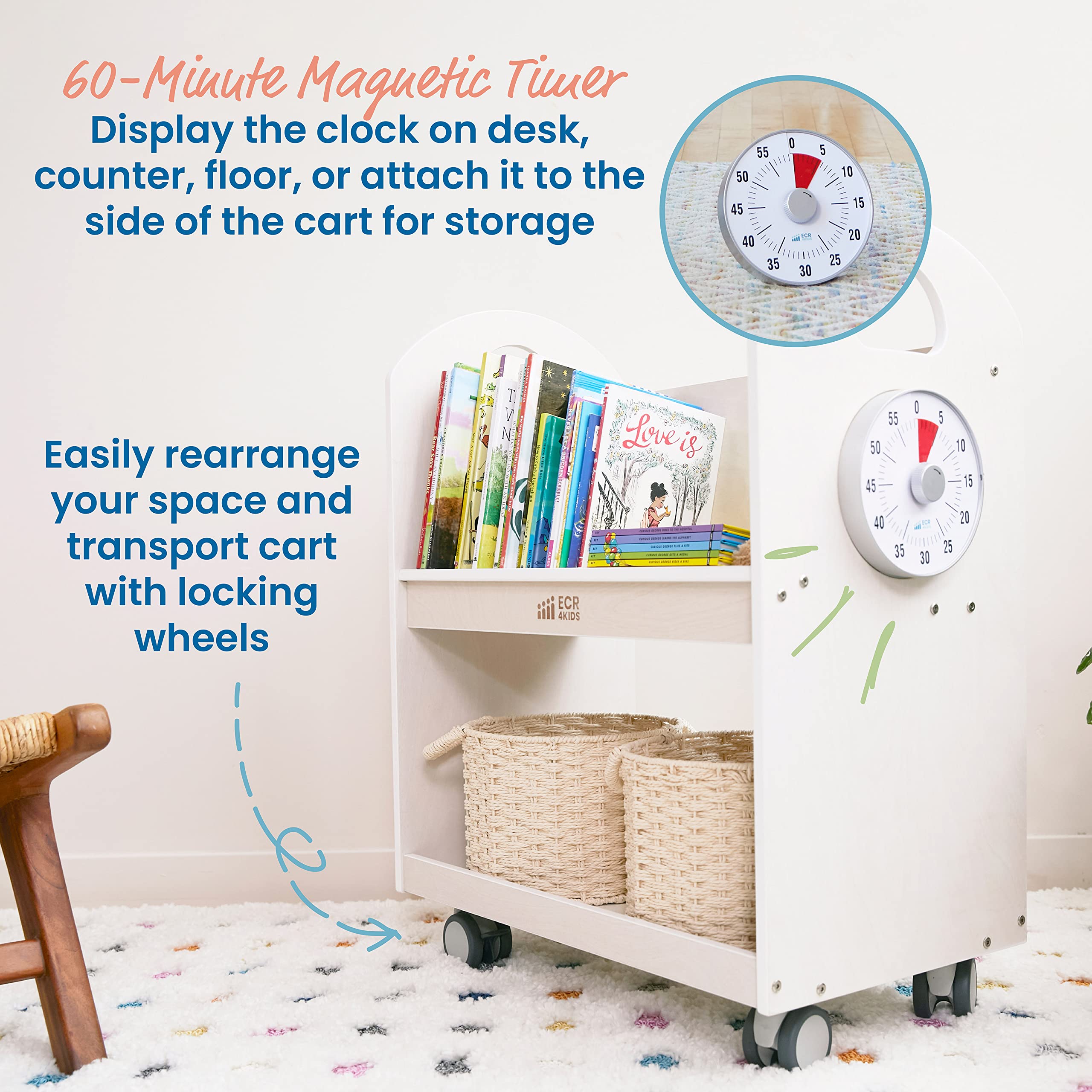 ECR4Kids Mobile Book Cart with Countdown Timer - Rolling Classroom Bookshelf Organizer for Teachers - White Wash Finish - Perfect for School Libraries, Preschools & Homeschooling