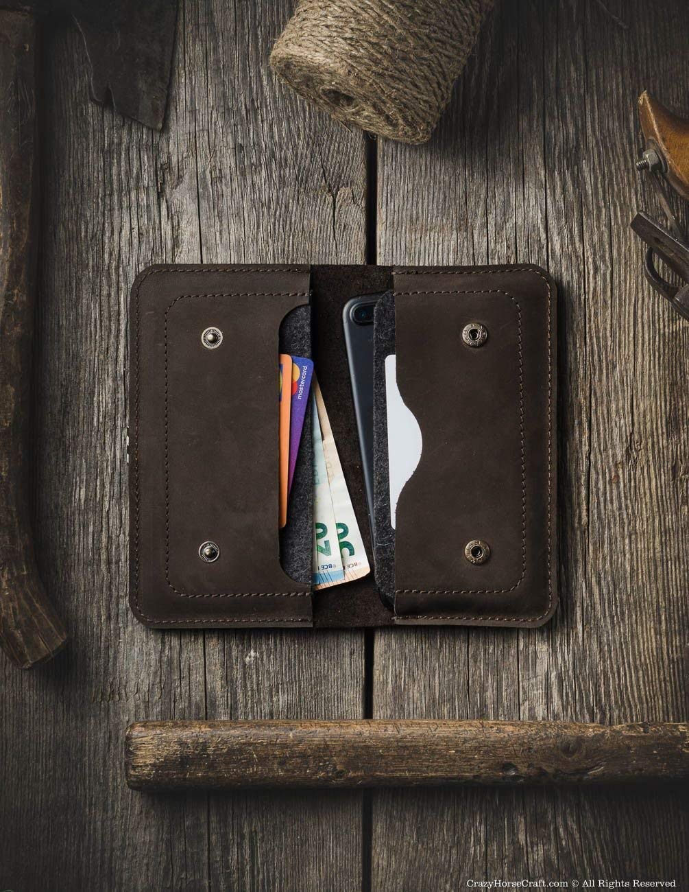 Genuine Leather Dual Phone Case for iPhone 15 Pro Max/Plus, 14/13/12 Series & Mini - Wood Brown Wallet Pouch with Wool Felt Lining | Perfect for Business Travel, Daily Commute & Phone Protection