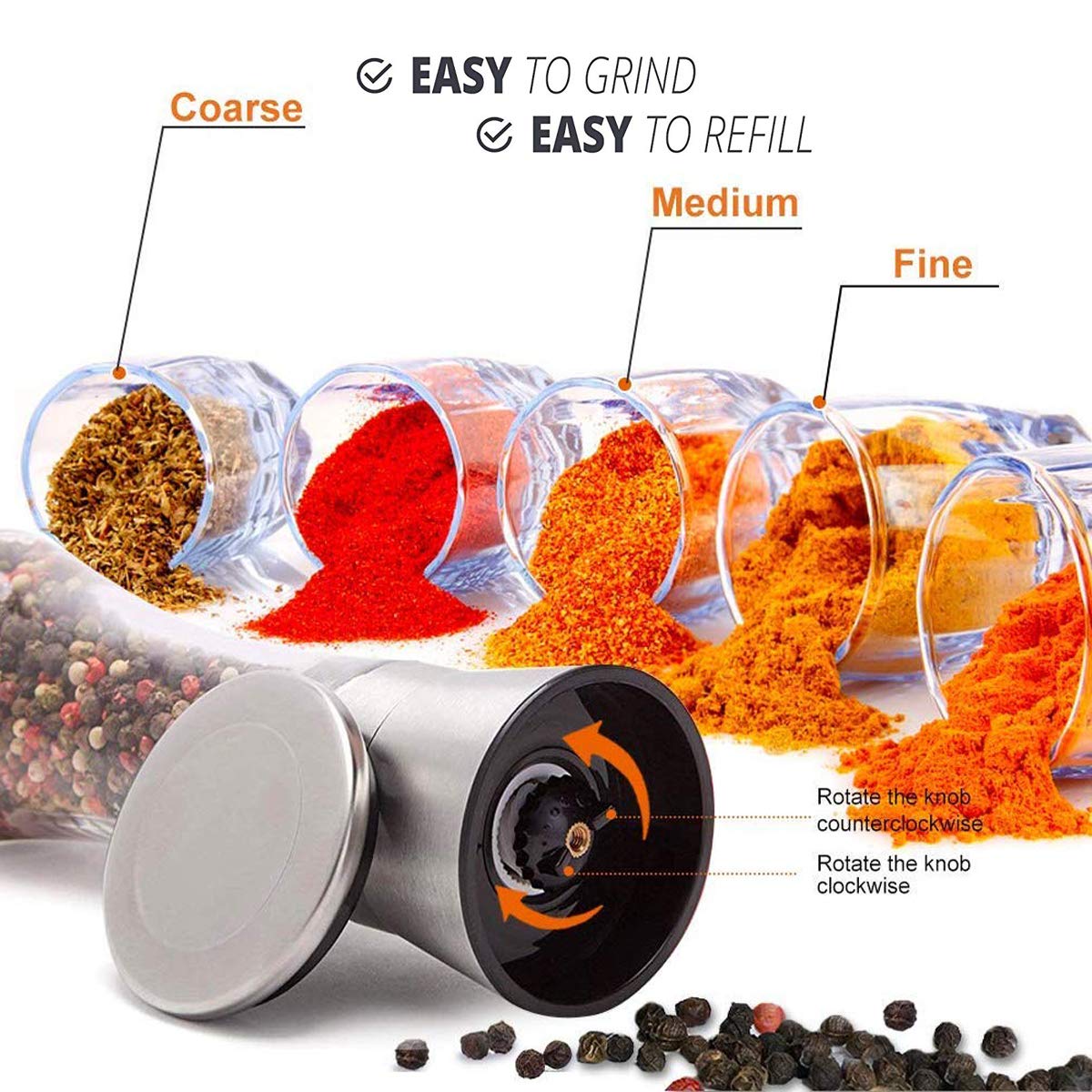 Premium Stainless Steel Salt and Pepper Grinder Set - Adjustable Ceramic Mill with 6oz Glass Body & Brushed Finish - Ideal for Kitchen, Dining Table, and Gourmet Cooking Gifts