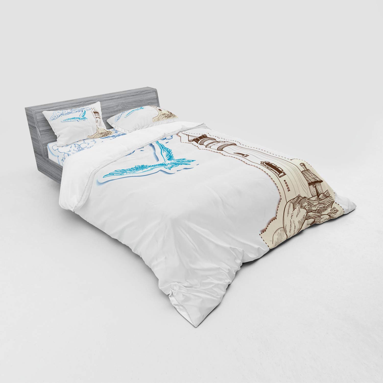 Ambesonne Seagulls 4-Piece Duvet Cover Set - California King Size Nautical Bedding with Shams & Fitted Sheet in Brown Cream Blue | Scrapbook Style Seagull & Cloud Design | Perfect for Coastal, Beach House & Nautical Theme Bedrooms