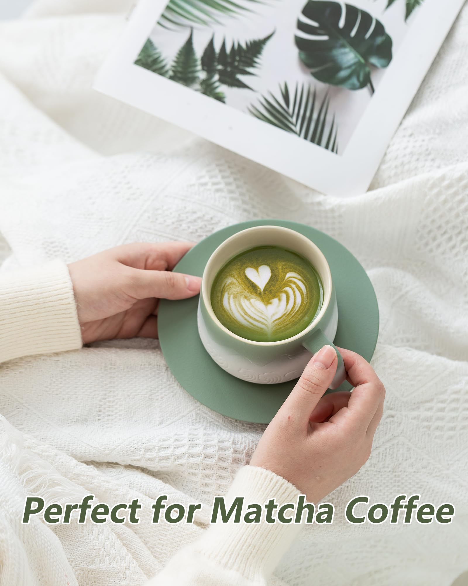 Premium 8oz Ceramic Cappuccino Cups Set of 2 with Saucers - Artistic Embossed Design for Latte Art, Perfect for Espresso, Au Lait, Matcha Tea - Moss Green & White Coffee Mugs - Ideal for Home Cafes, Gifts & Coffee Shops