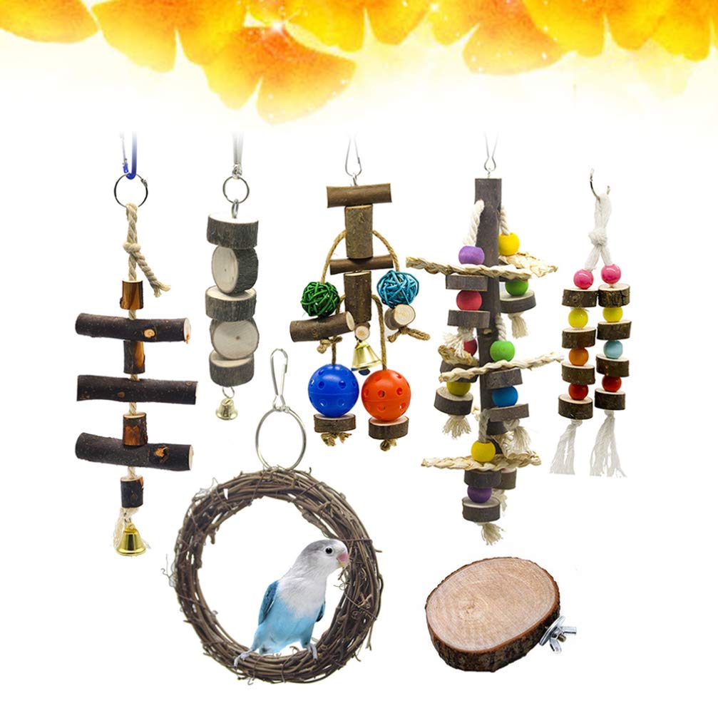 Balacoo Natural Wooden Parrot Chew Toy - 7pcs Hammock Swing & Hanging Bird Cage Toys for Parrots, Parakeets & Small/Large Birds | Cage Decoration & Stress Relief for Pet Birds