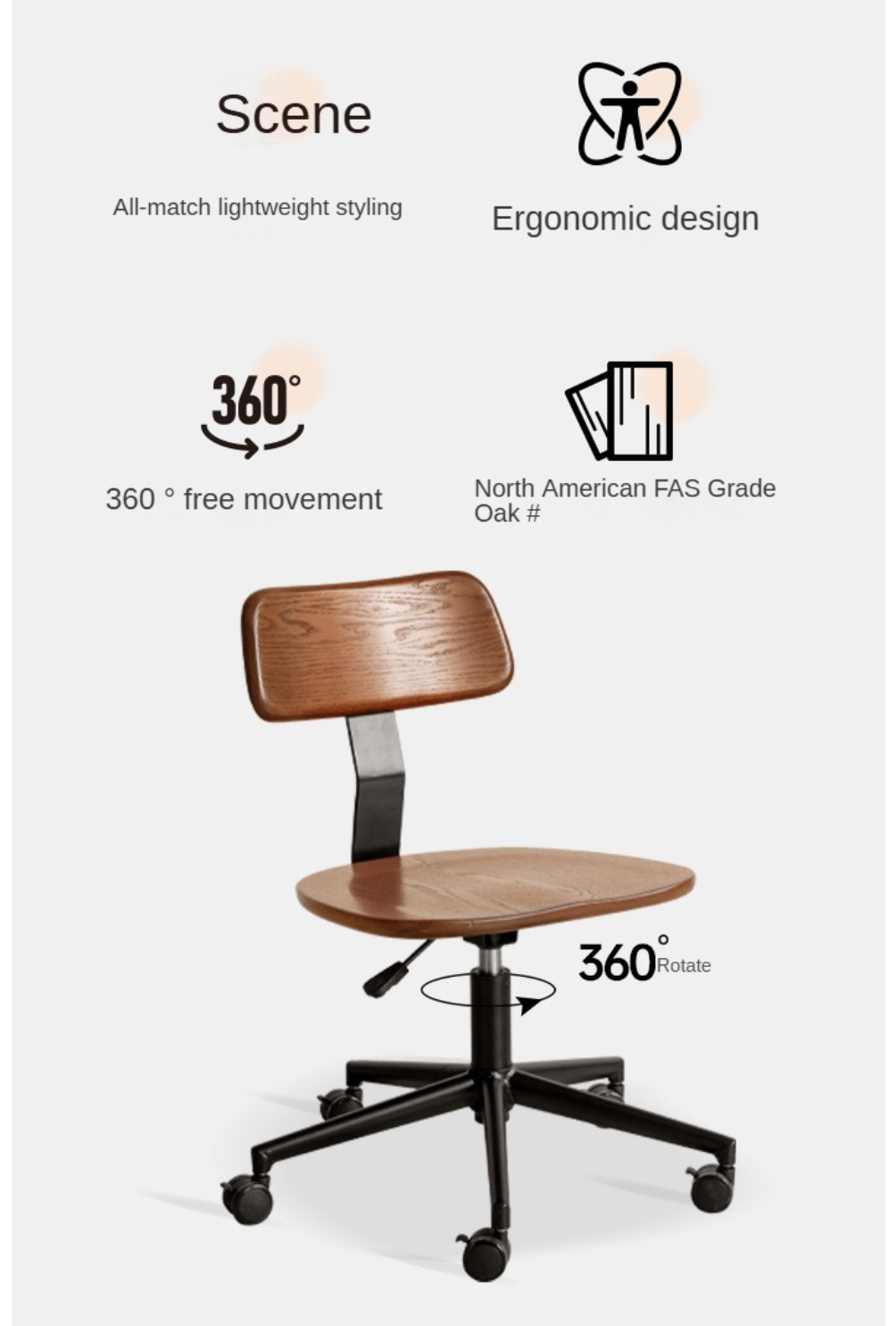 Modern Oak Solid Wood Lift & Swivel Office Chair - Ergonomic Rotatable Computer Desk Chair for Home & Office Workspace