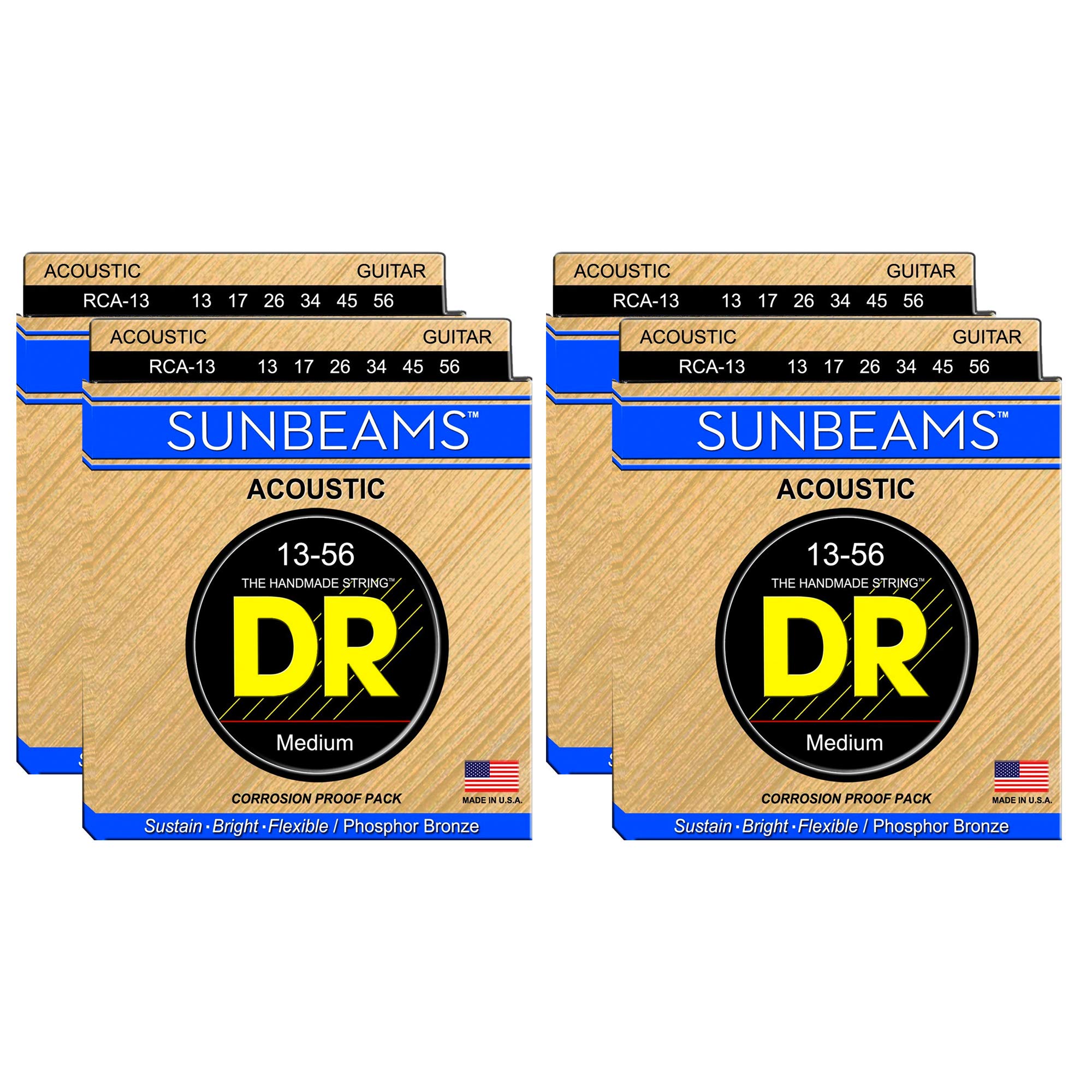 DR Strings Sunbeam Acoustic Guitar Strings 13-56 Gauge, 4-Pack Bundle - Perfect for Folk, Country & Fingerstyle Playing