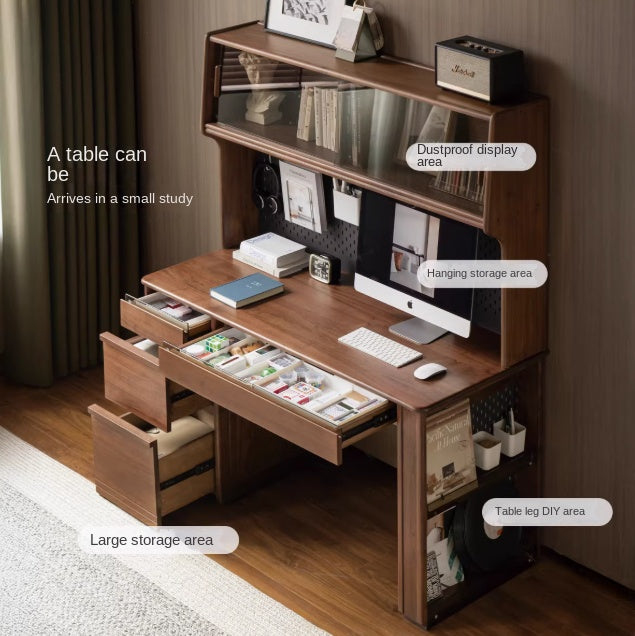 Premium Black Walnut Solid Wood Computer Desk with Bookshelf - Home Office Workstation for Remote Work & Study