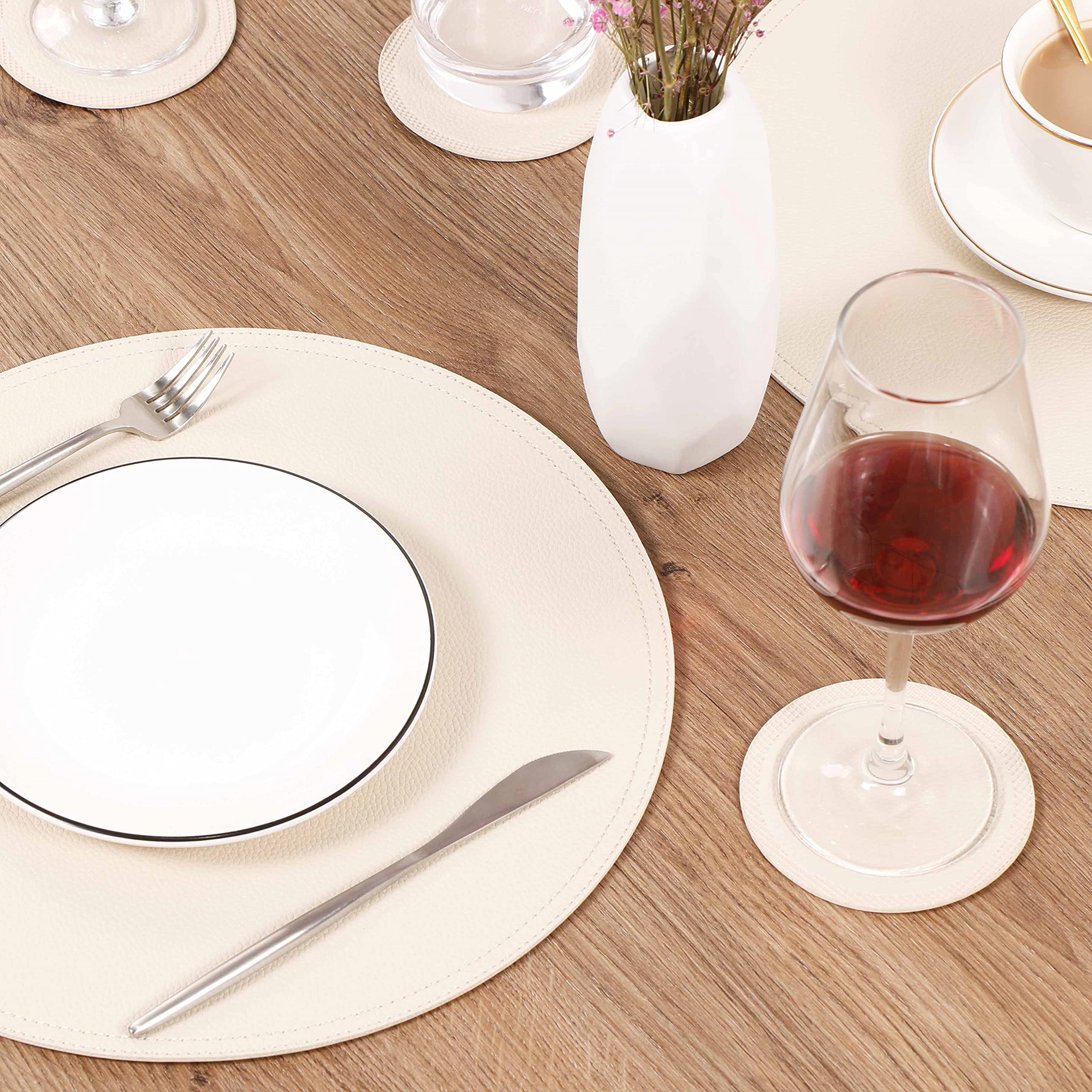 Set of 6 Waterproof Faux Leather Round Placemats and Coasters - Elegant Kitchen Table Mats for Dining, Coffee & Home Decor - Easy to Clean & Durable for Daily Use