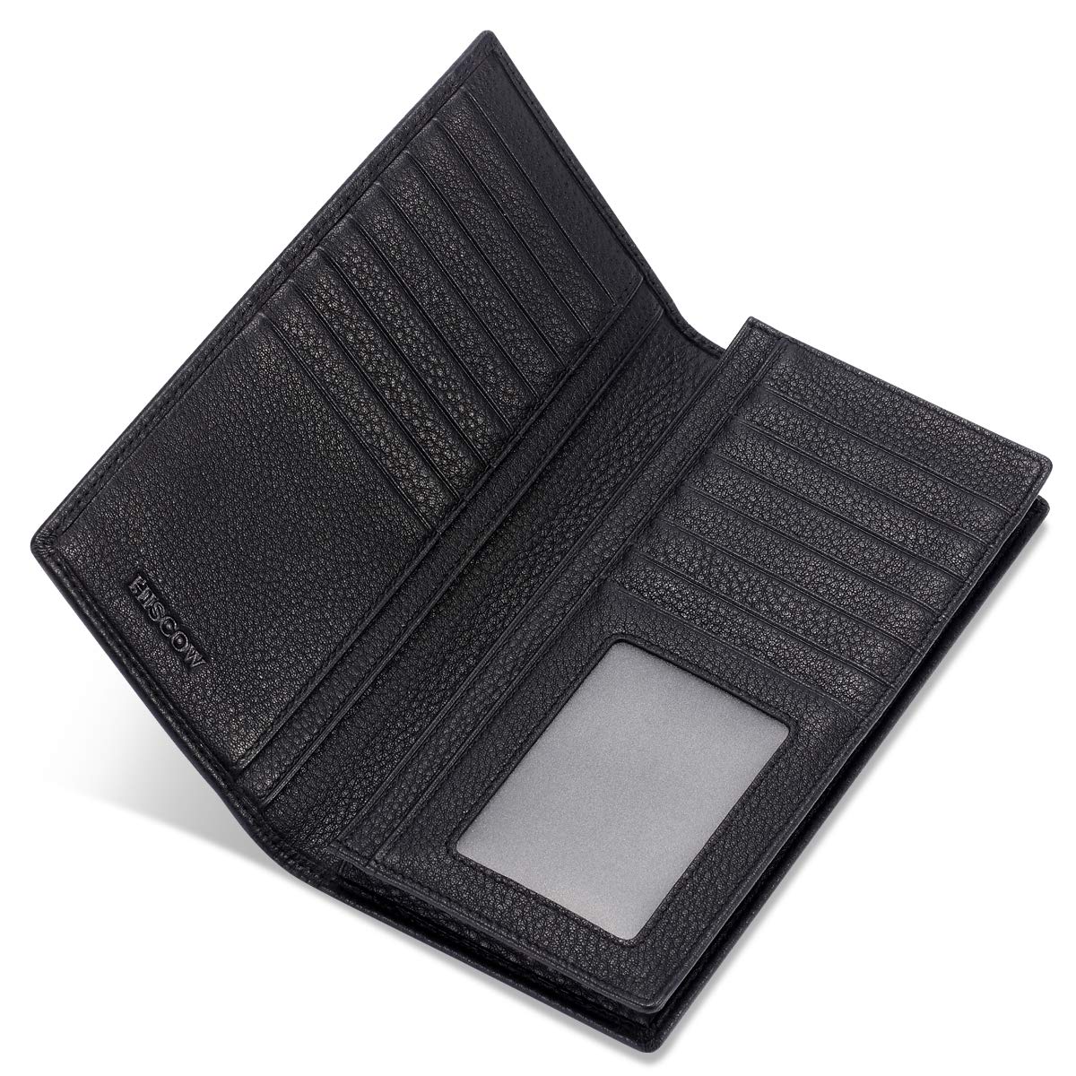 Premium HISCOW Bifold Long Wallet - 15 Credit Card Slots, RFID Blocking, Genuine Italian Calfskin Leather (Pebbled Black) - Perfect for Business, Travel & Everyday Use