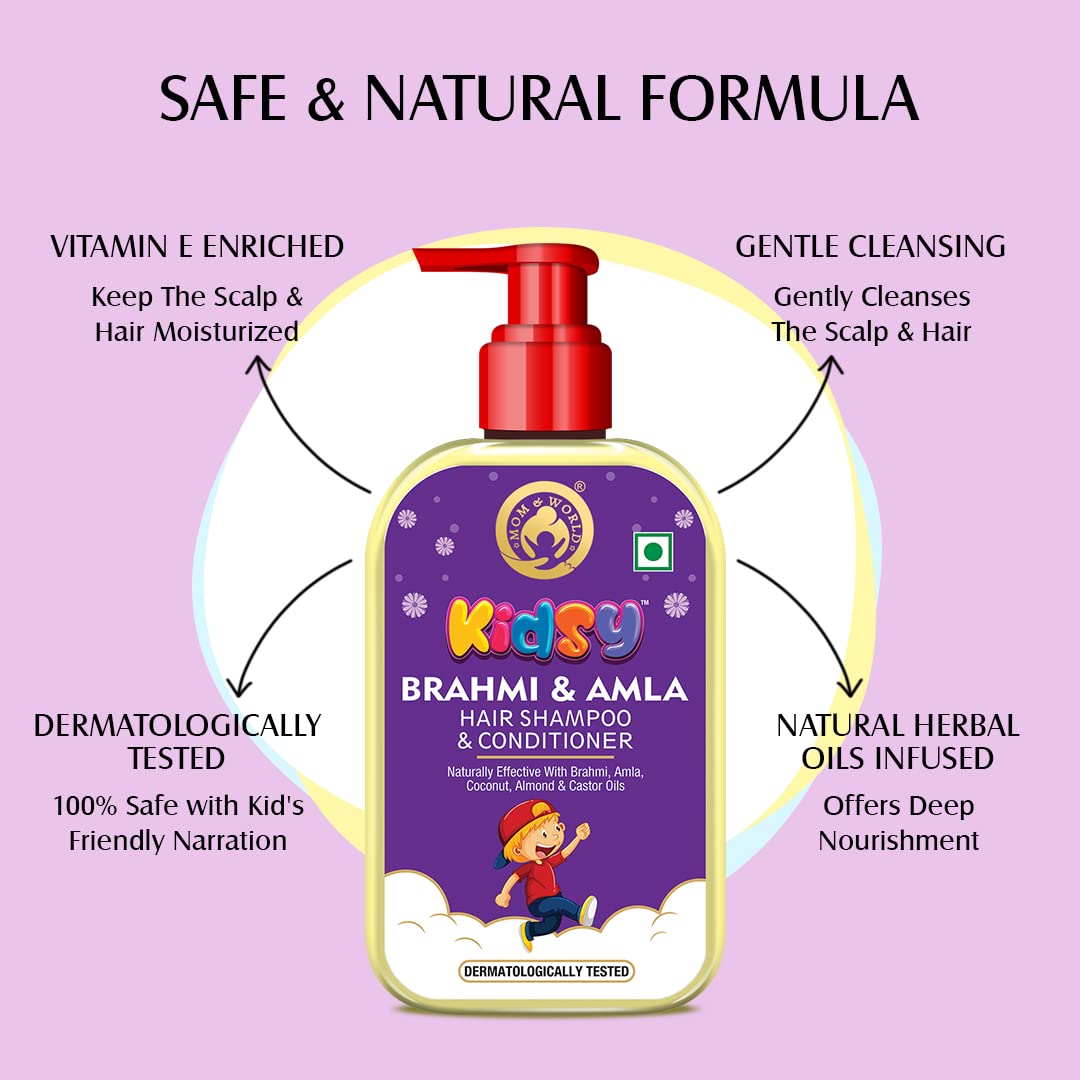 Kidsy Brahmi & Amla Hair Shampoo & Conditioner for Children - 240ml | Natural Ingredients with Brahmi, Amla, Coconut, Almond & Castor Oils | Sulfate-Free & Dermatologist Tested | Gentle Hair Care for Kids | Perfect for Daily Use & Sensitive Scalps