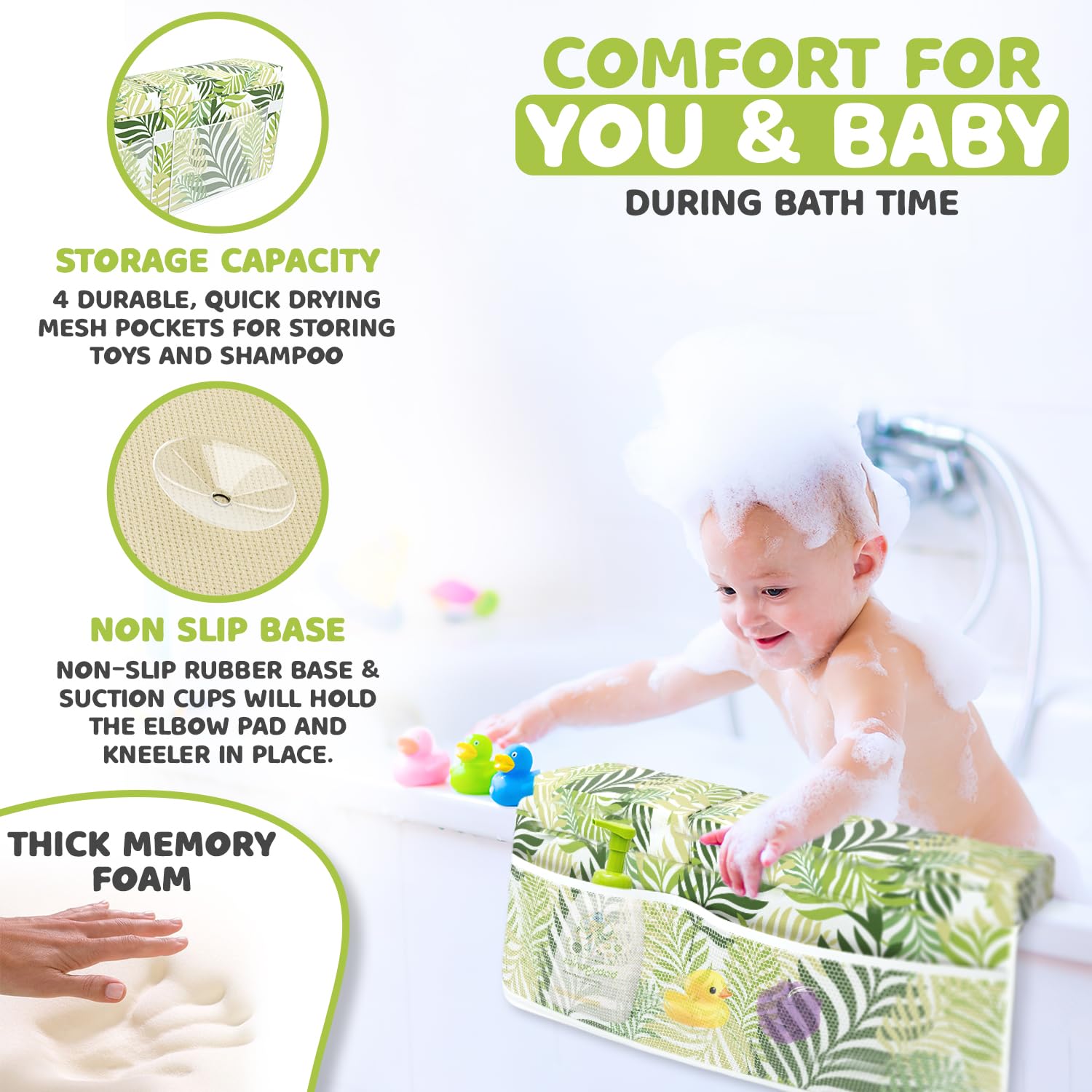 Waterproof Memory Foam Baby Bath Kneeler & Elbow Rest Pad Set - Soft Bathing Mat Organizer for Infants & Toddlers | Non-Slip Sponge Cushion for Safe Bath Time | Perfect for Newborns, Bathtub, and Shower Use