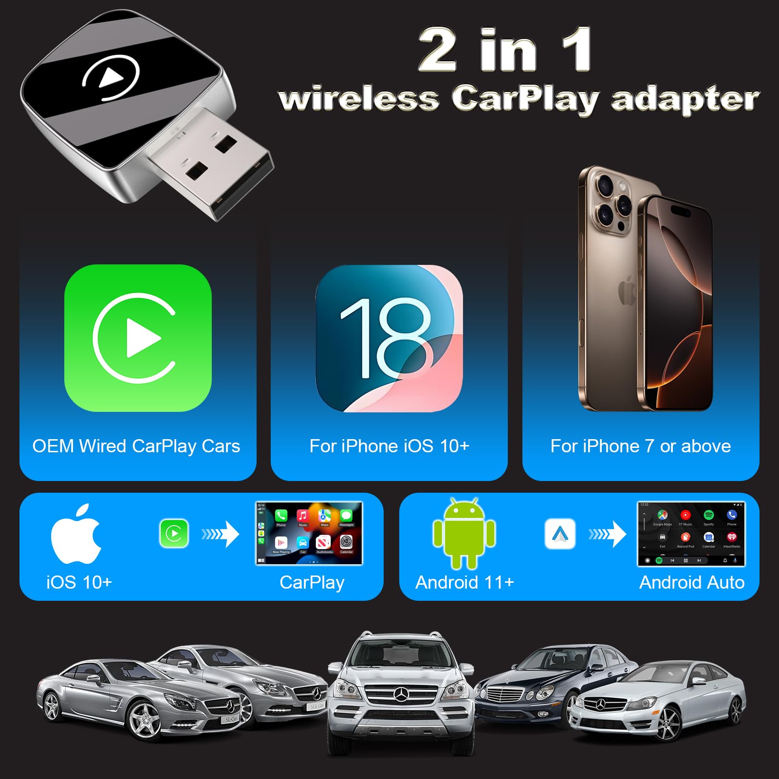 Wireless CarPlay Adapter for iPhone & Android Auto - Mini USB-C CarPlay Dongle - Convert Wired to Wireless Apple CarPlay (iOS 10+/Android 11+) - Includes USB-A to USB-C Adapter - Perfect for Commuting & Road Trips (Black)