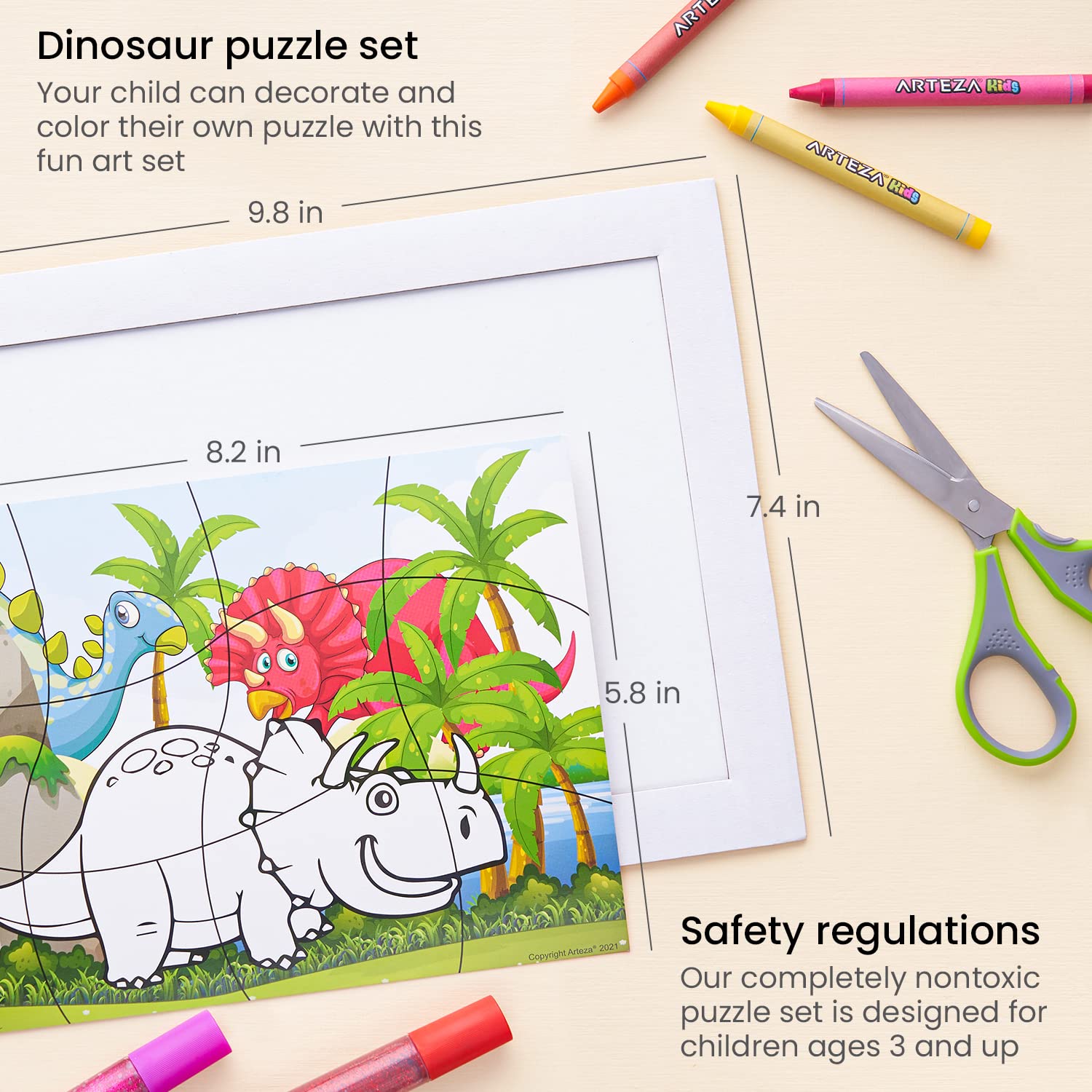 Arteza Kids Dinosaur Coloring Puzzle Kit - 5 DIY Puzzles, 16 Crayons & 6 Glitter Glue Tubes with 5 Display Frames | Screen-Free Art & Craft Activity for Ages 3+ | Perfect for Birthday Gifts, Classroom Projects & Creative Playtime