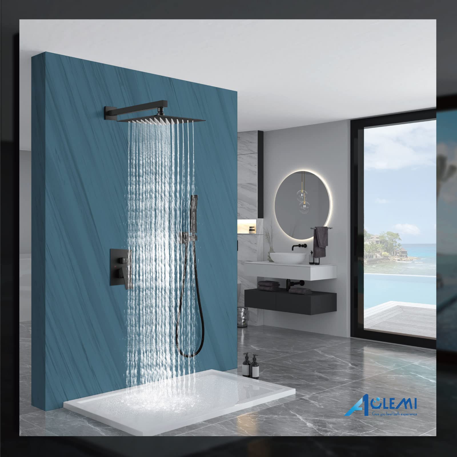 Aolemi Matte Black 10 Inch Wall Mount Shower Faucet Set - Rain Shower System with Handheld Spray, Rough-in Valve & Shower Trim Kit - Perfect for Modern Bathroom Renovation & Spa-like Shower Experience