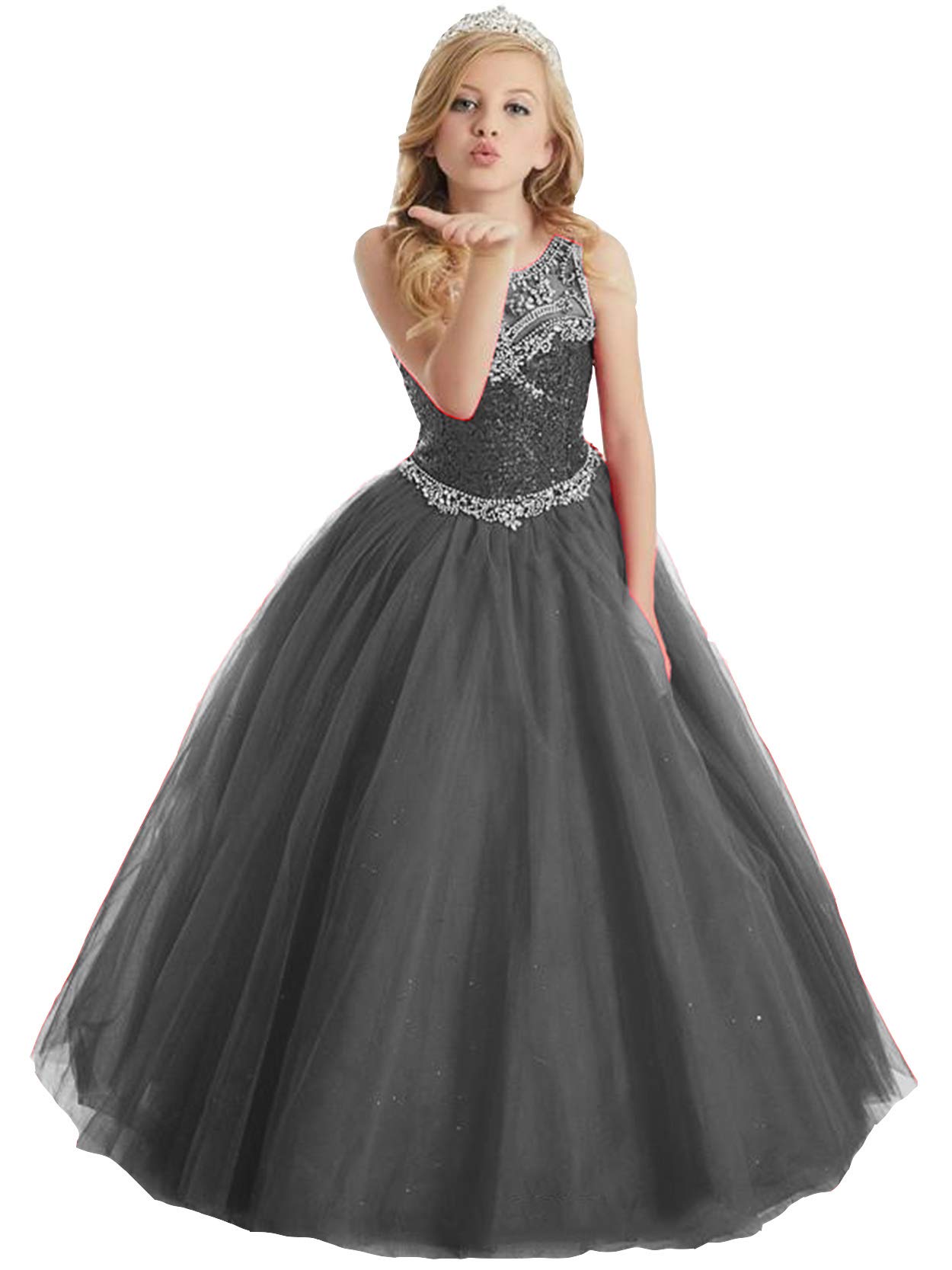 Honeydress Girls A-Line Tulle Pageant Dress with Beaded Sequins & Lace-Up Back - Flower Girl Dress for Weddings, Parties & Special Occasions
