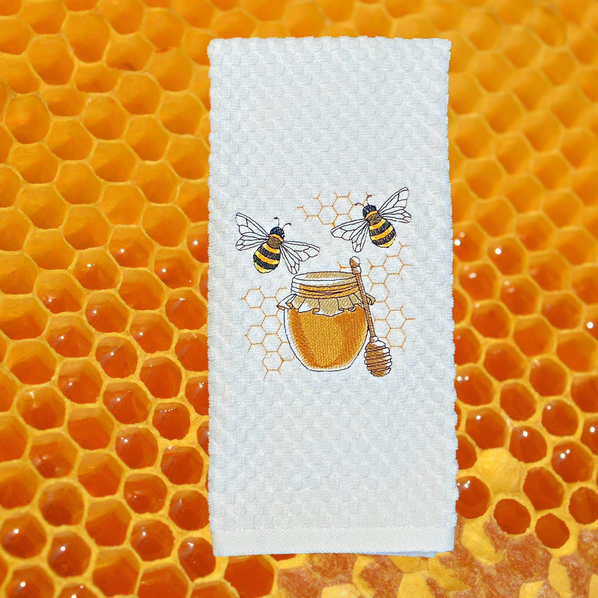 Embroidered Buzzy Bees Waffle Weave Cotton Kitchen Towels Set of 2 - Absorbent Dish Towels for Kitchen, Cafe & Home Decor - Perfect Housewarming Gift for Coffee Lovers & Bee Enthusiasts