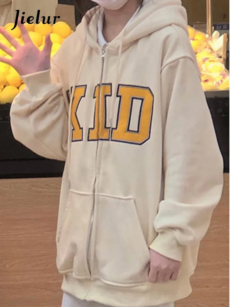 Women's Casual Zip Up Hoodie with Letter Print - Apricot Loose Fit Streetwear Sweatshirt with Pockets | Winter Fashion Basic for Everyday Wear, Gym, and Outdoor Activities