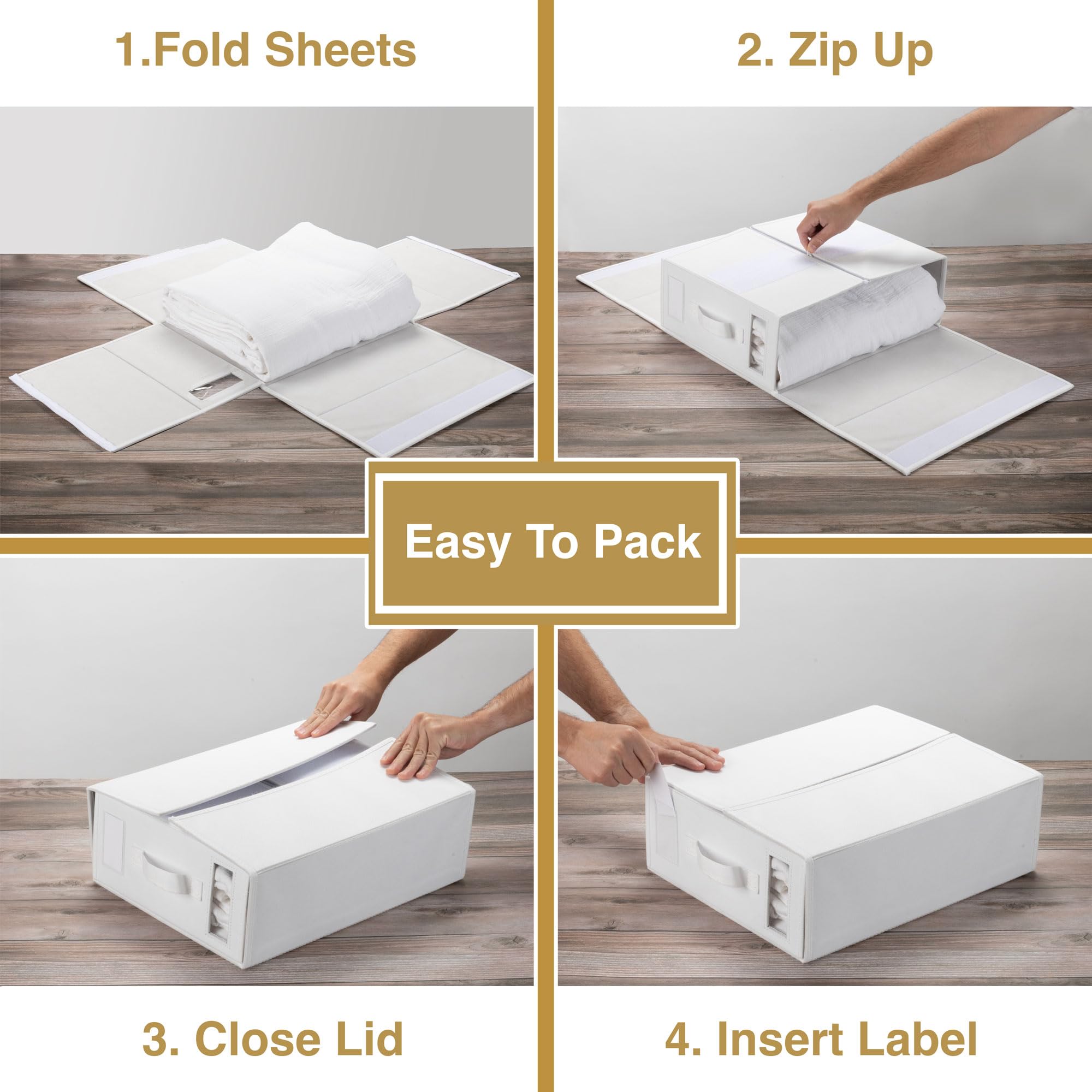 4 Pack Foldable Bed Sheet Organizers - Twin/Full Size Linen Closet Storage with Clear Window | Space-Saving Closet Organizer for Sheets, Blankets & Towels | Perfect for Home, Dorm & RV Organization