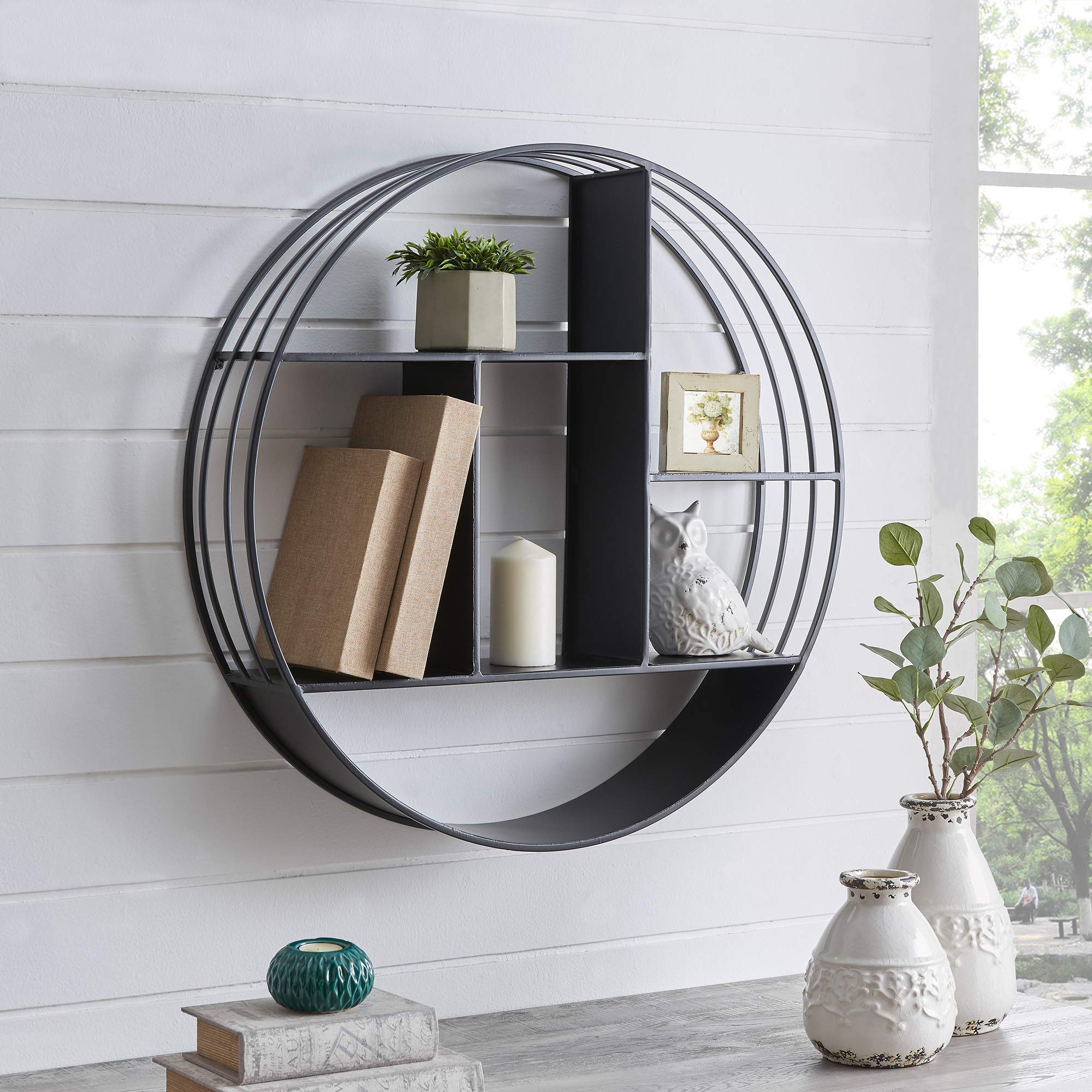 FirsTime & Co. Black Brody 3-Tier Round Wall Shelf - 27.5 Inch Floating Metal Shelf for Bathroom, Bedroom & Living Room - Industrial Style Home Decor - Perfect for Organizing Toiletries, Books & Displaying Decorative Items